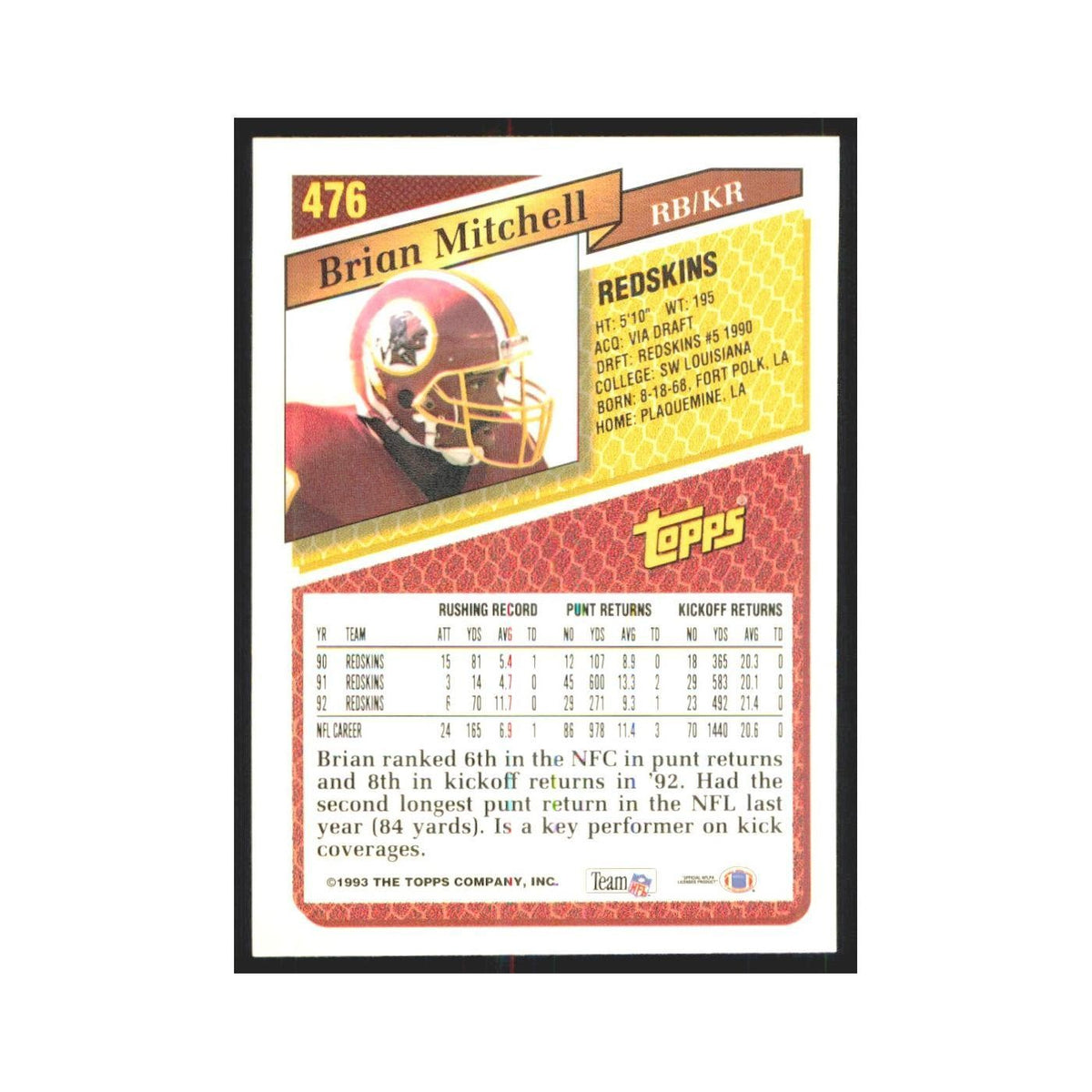1993 Topps Brian Mitchell Redskins #476