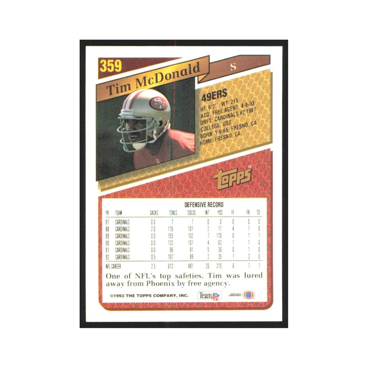1993 Topps Tim McDonald 49ers #359