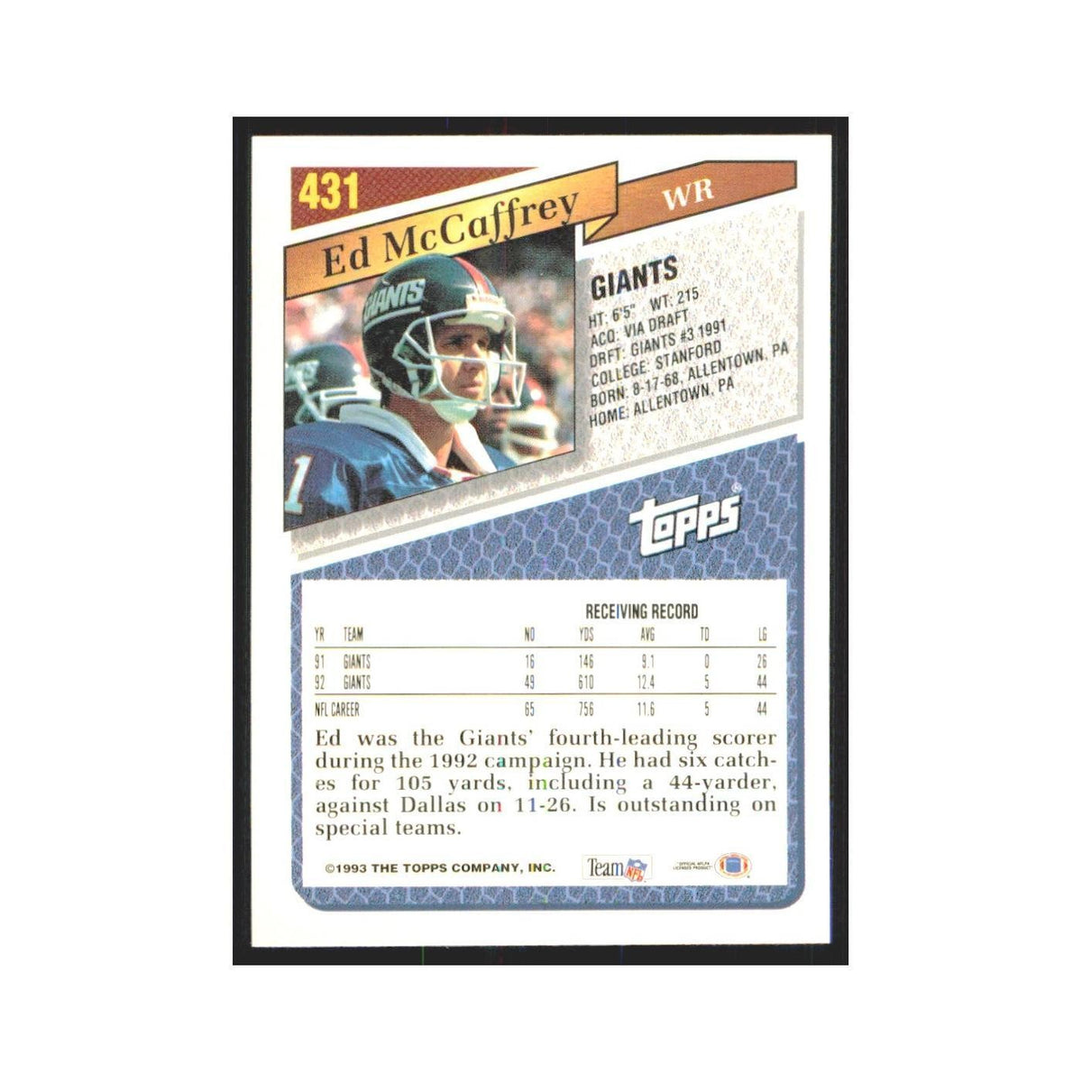 1993 Topps Ed McCaffrey Giants #431