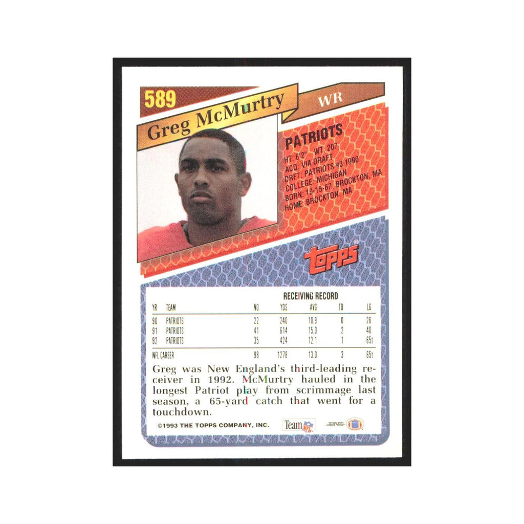1993 Topps Greg McMurtry Patriots #589