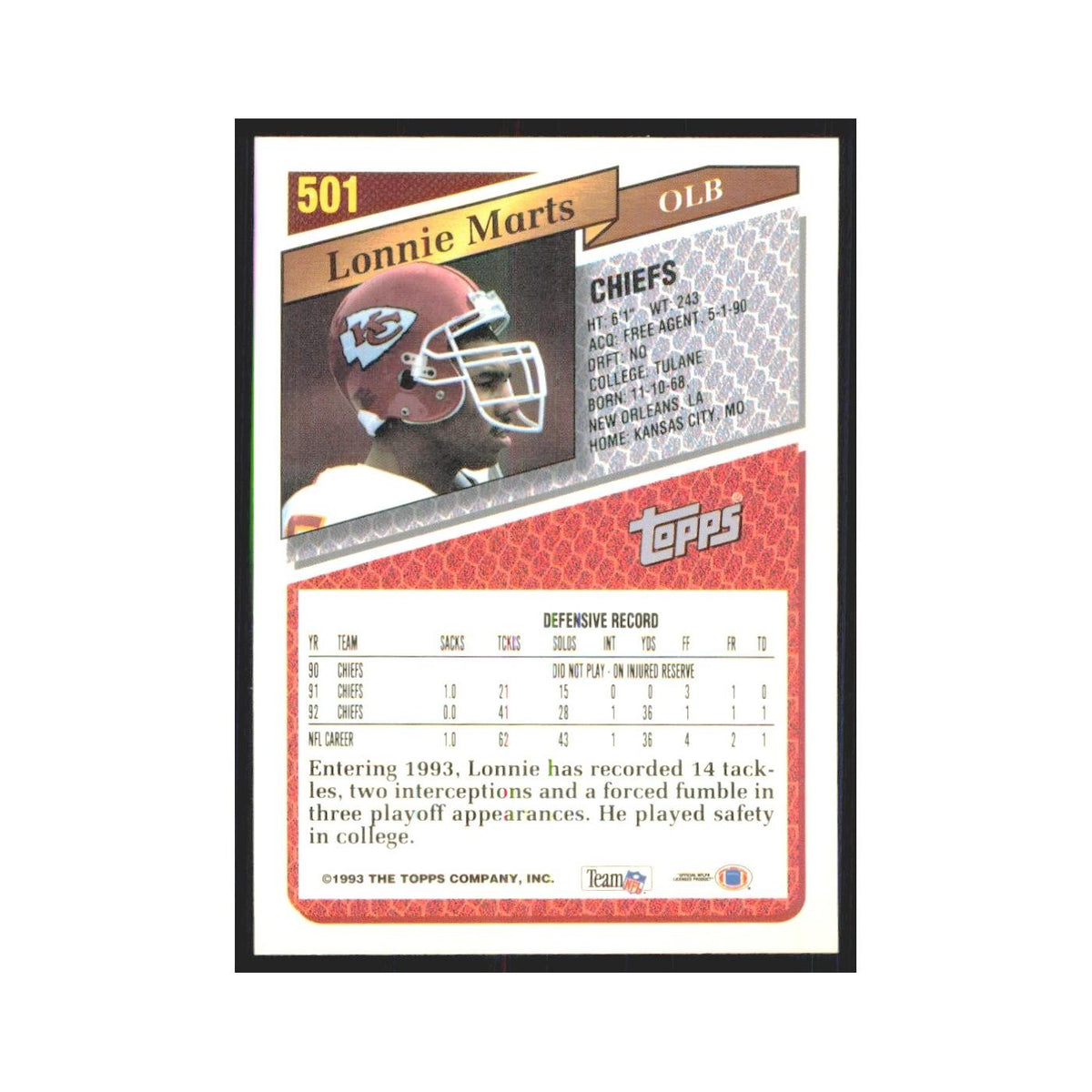 1993 Topps Lonnie Marts Chiefs #501