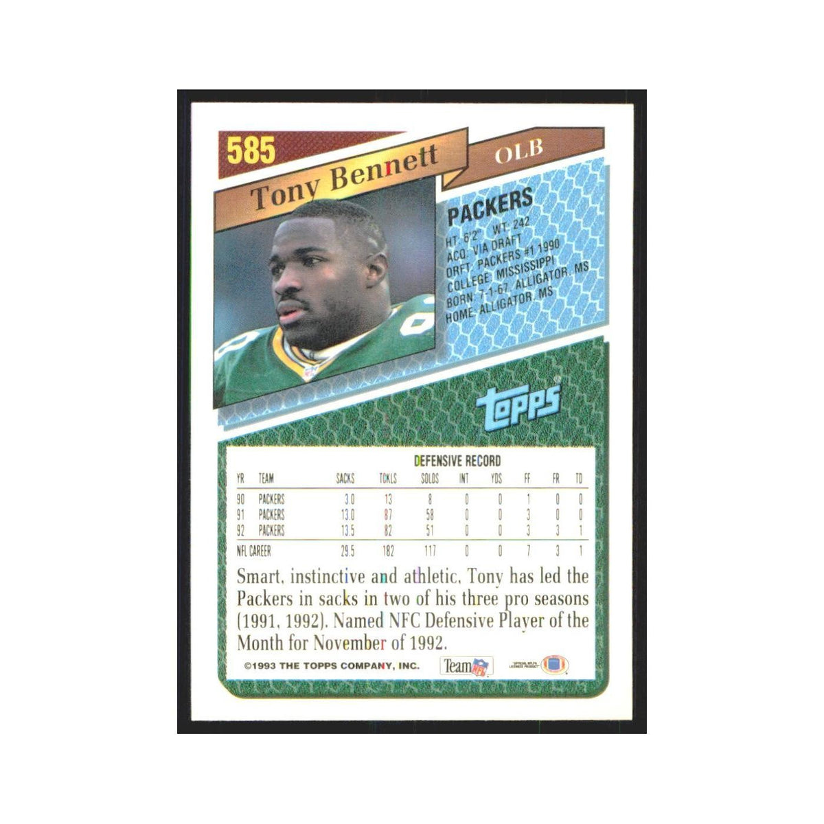 1993 Topps Tony Bennett Packers #585