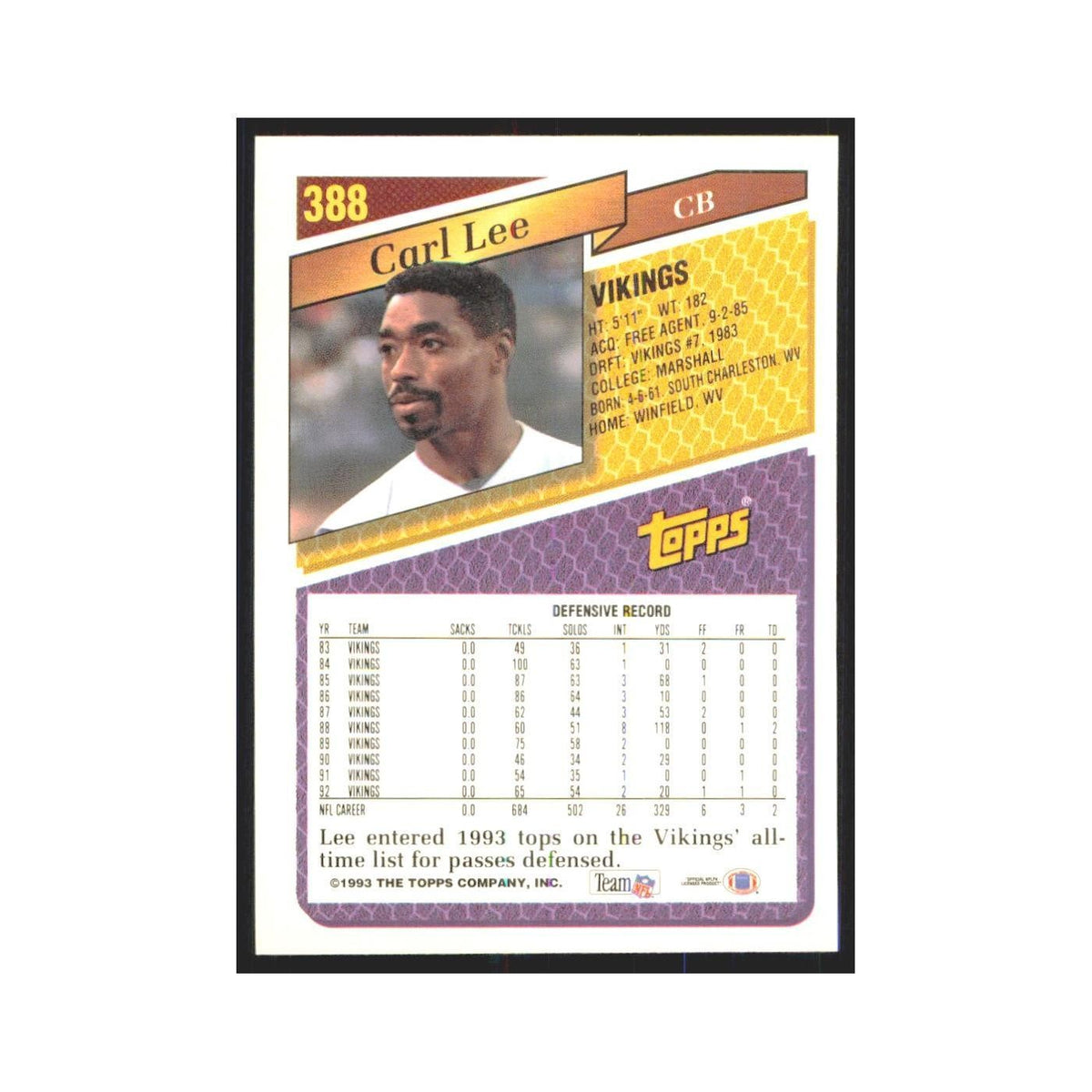 1993 Topps Carl Lee Vikings #388
