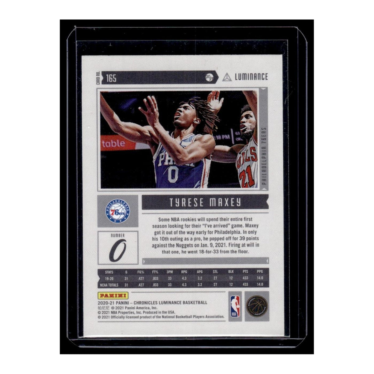 2020 Panini Chronicles Luminance Tyrese Maxey RC 76ers #165