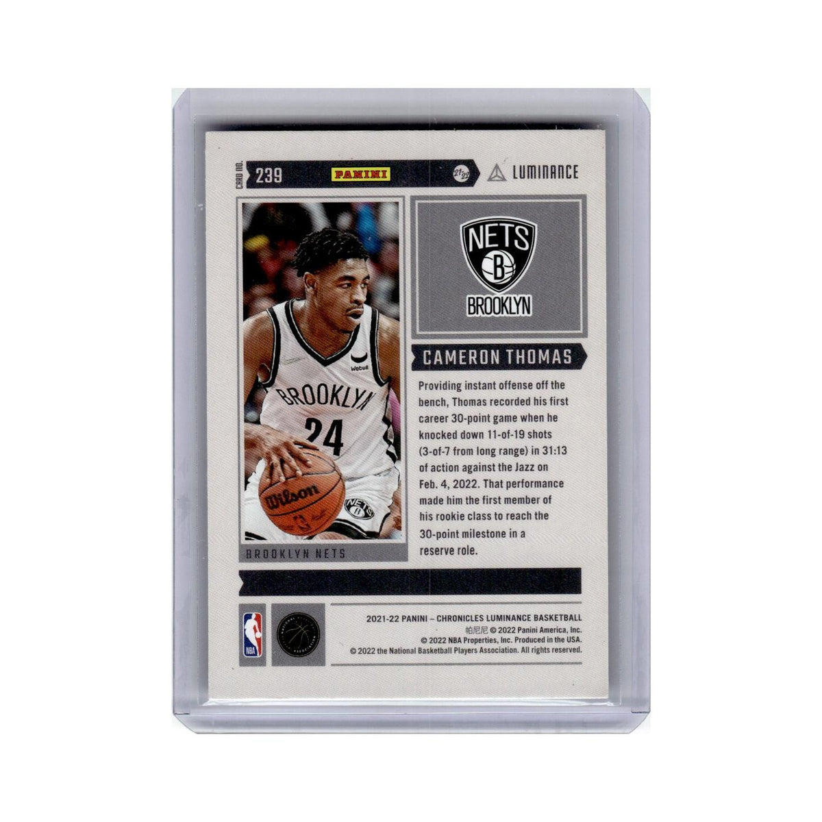 Cameron Thomas Rookie 2021 Panini Chronicles Luminance #239 Brooklyn Nets NM