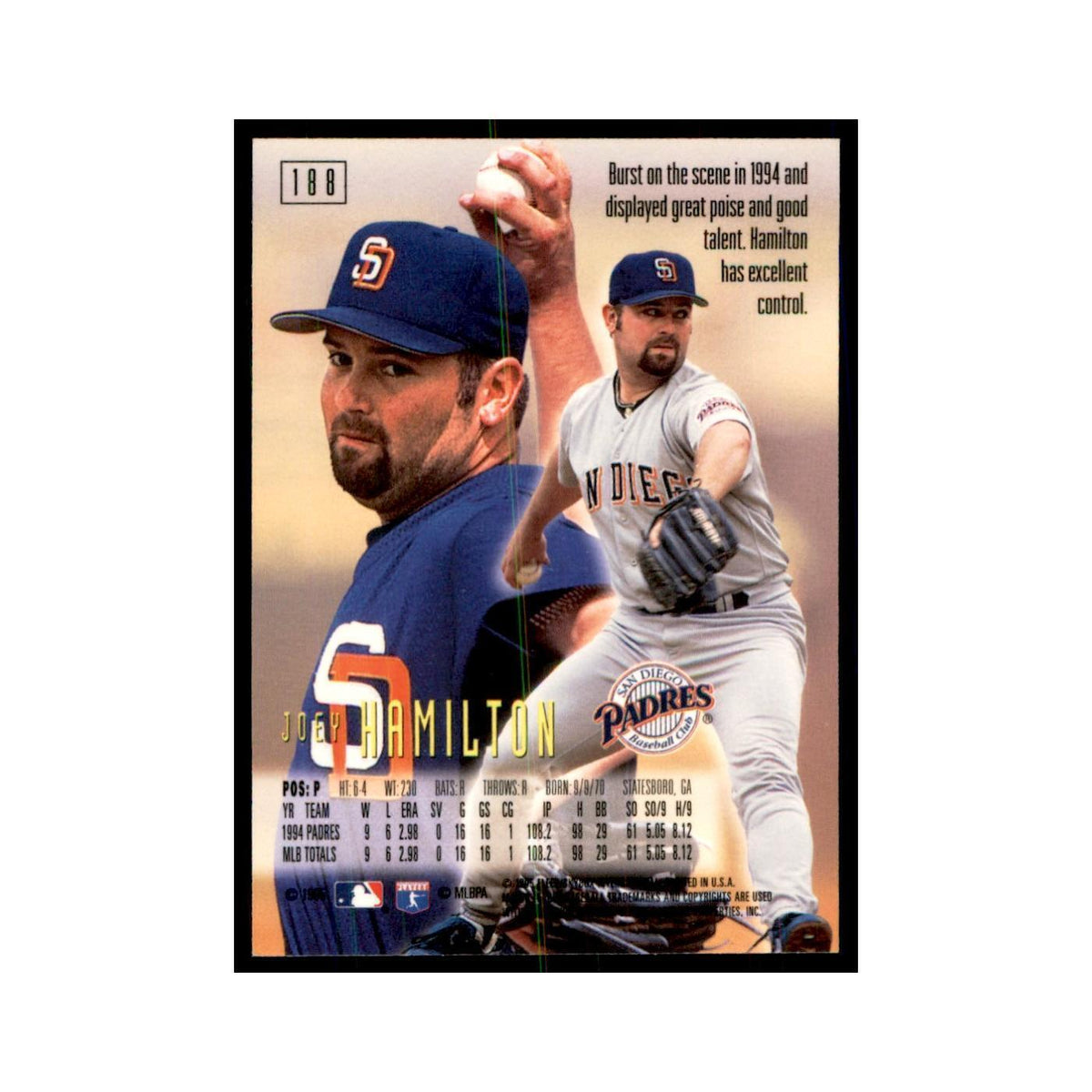 1995 Fleer Emotion Joey Hamilton Baseball Cards #188