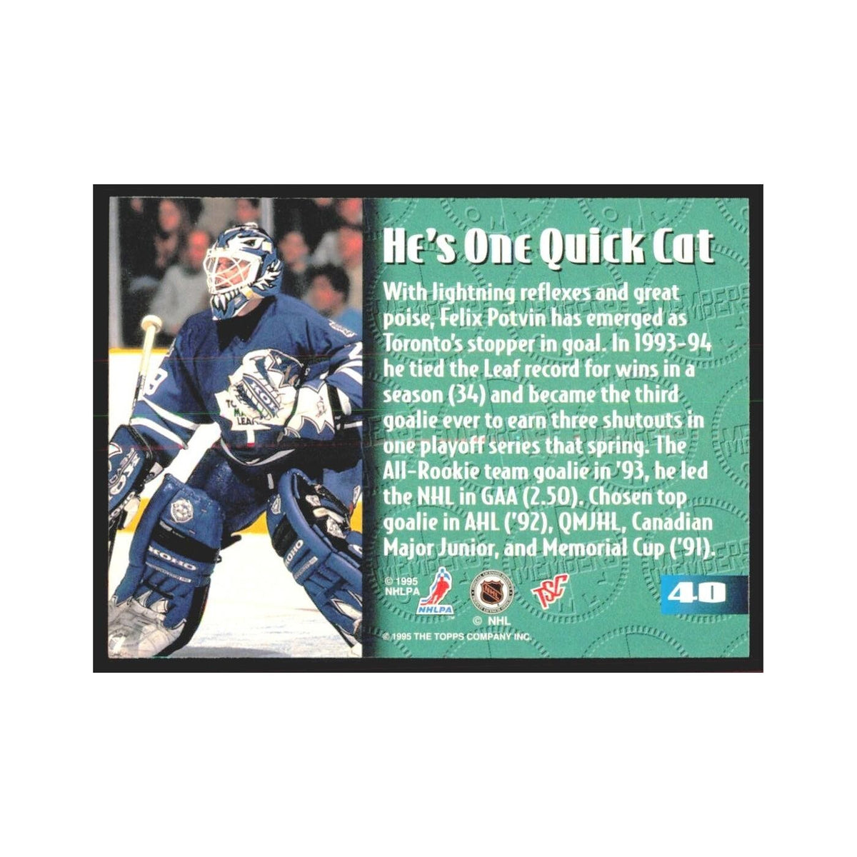 1995 Stadium Club Members Only Felix Potvin Toronto Maple Leafs #40