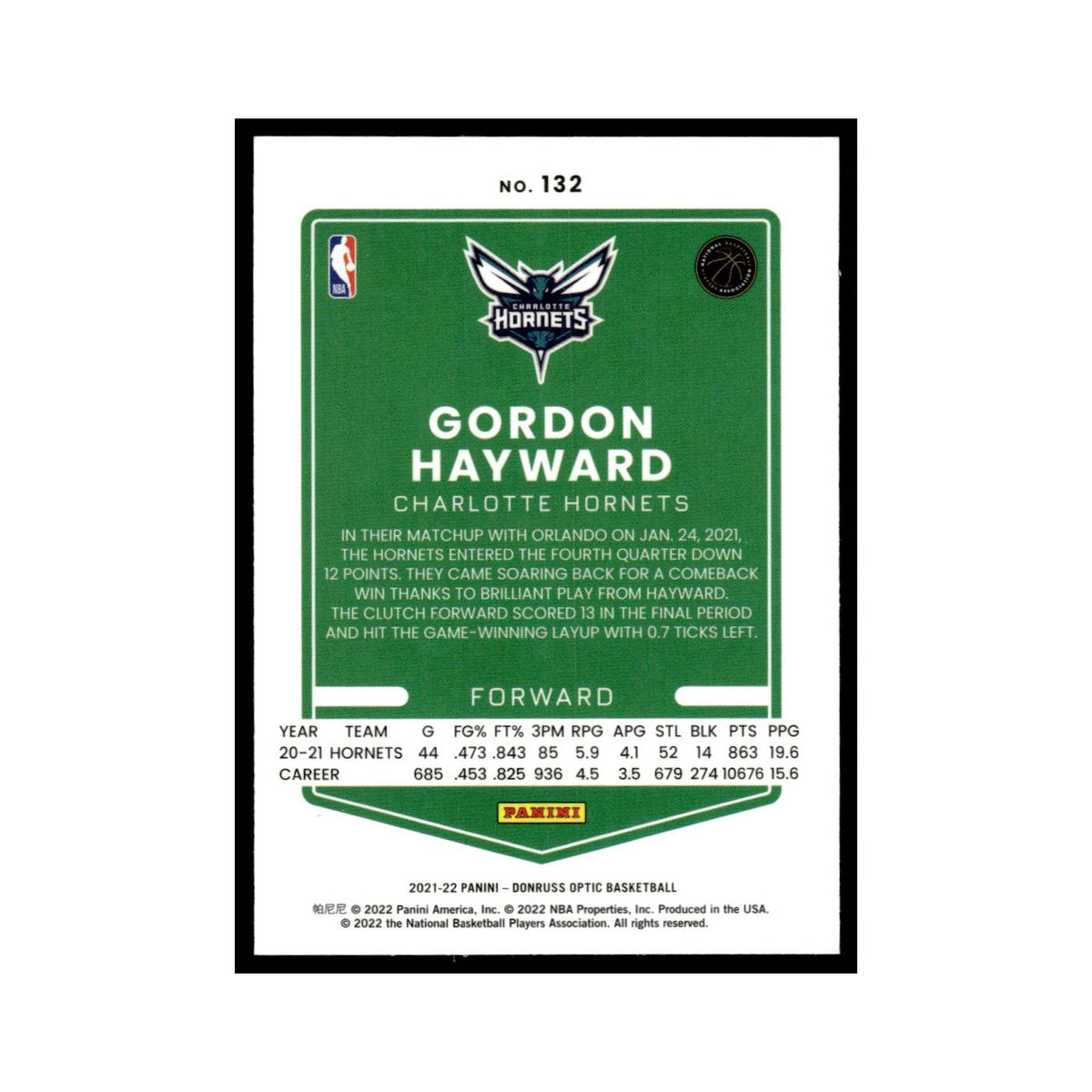 Gordon Hayward 2021 Donruss Optic #132 Charlotte Hornets Basketball Card NM
