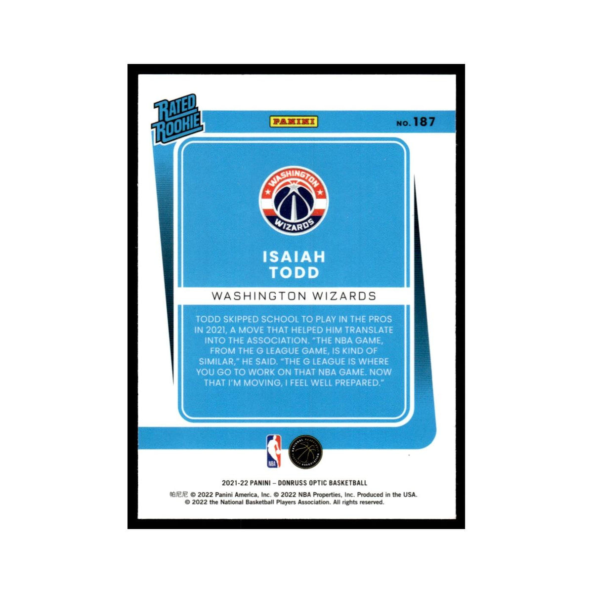 Isaiah Todd Rookie 2021 Donruss Optic #187 Washington Wizards Basketball Card NM