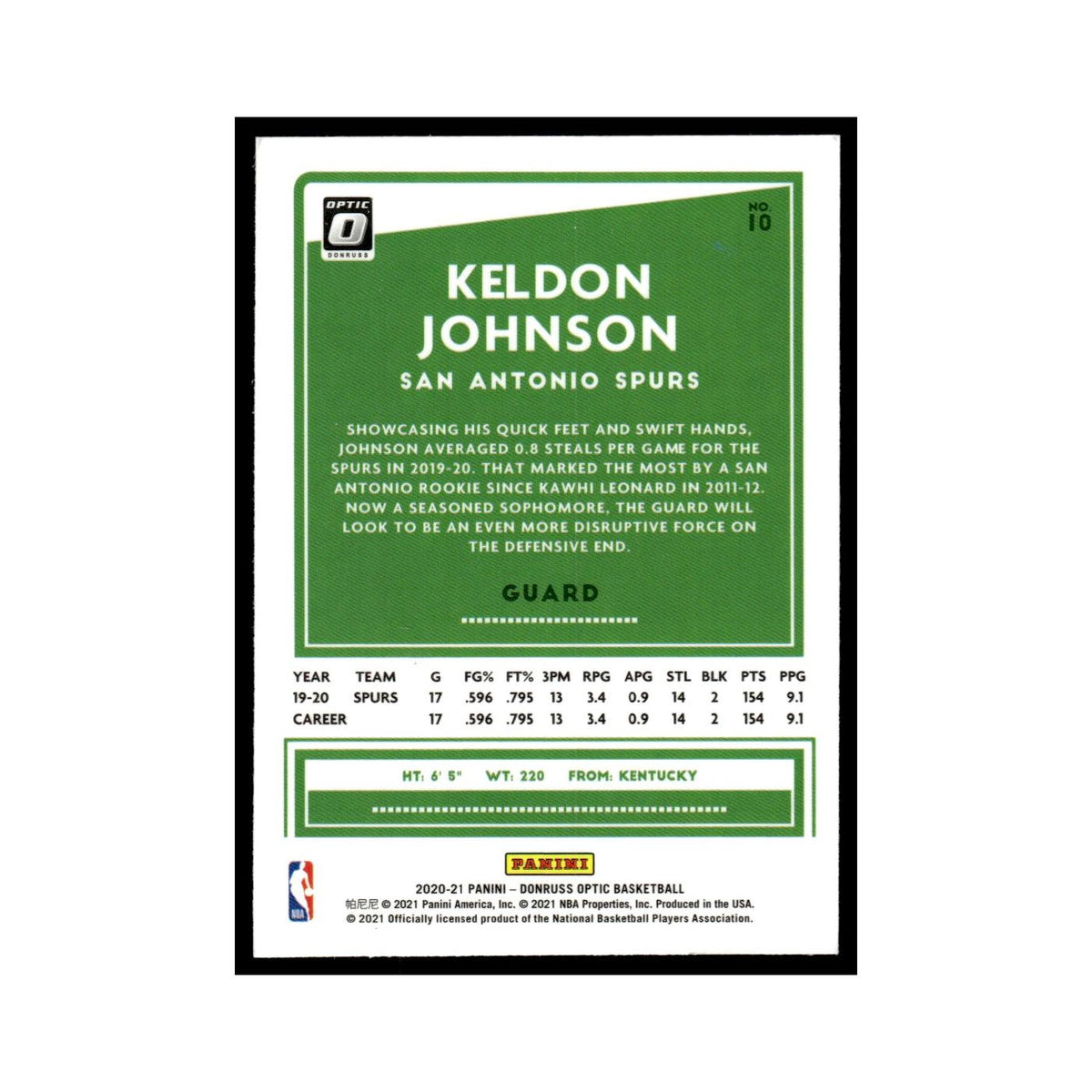 Keldon Johnson 2020 Donruss Optic #10 San Antonio Spurs Basketball Card NM