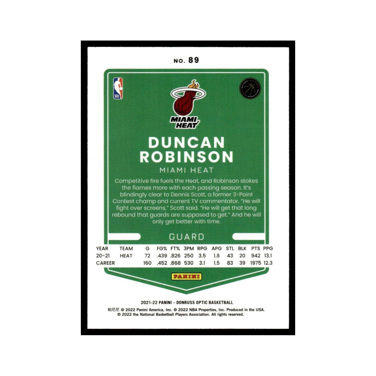 Duncan Robinson 2021 Donruss Optic #89 Miami Heat Basketball Card NM