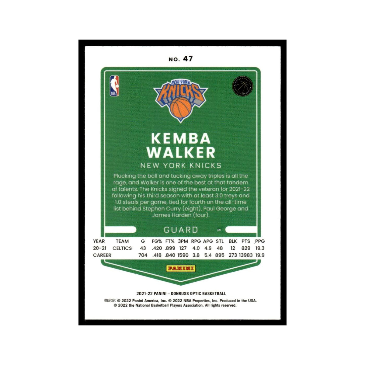 Kemba Walker 2021 Donruss Optic #47 New York Knicks Basketball Card NM