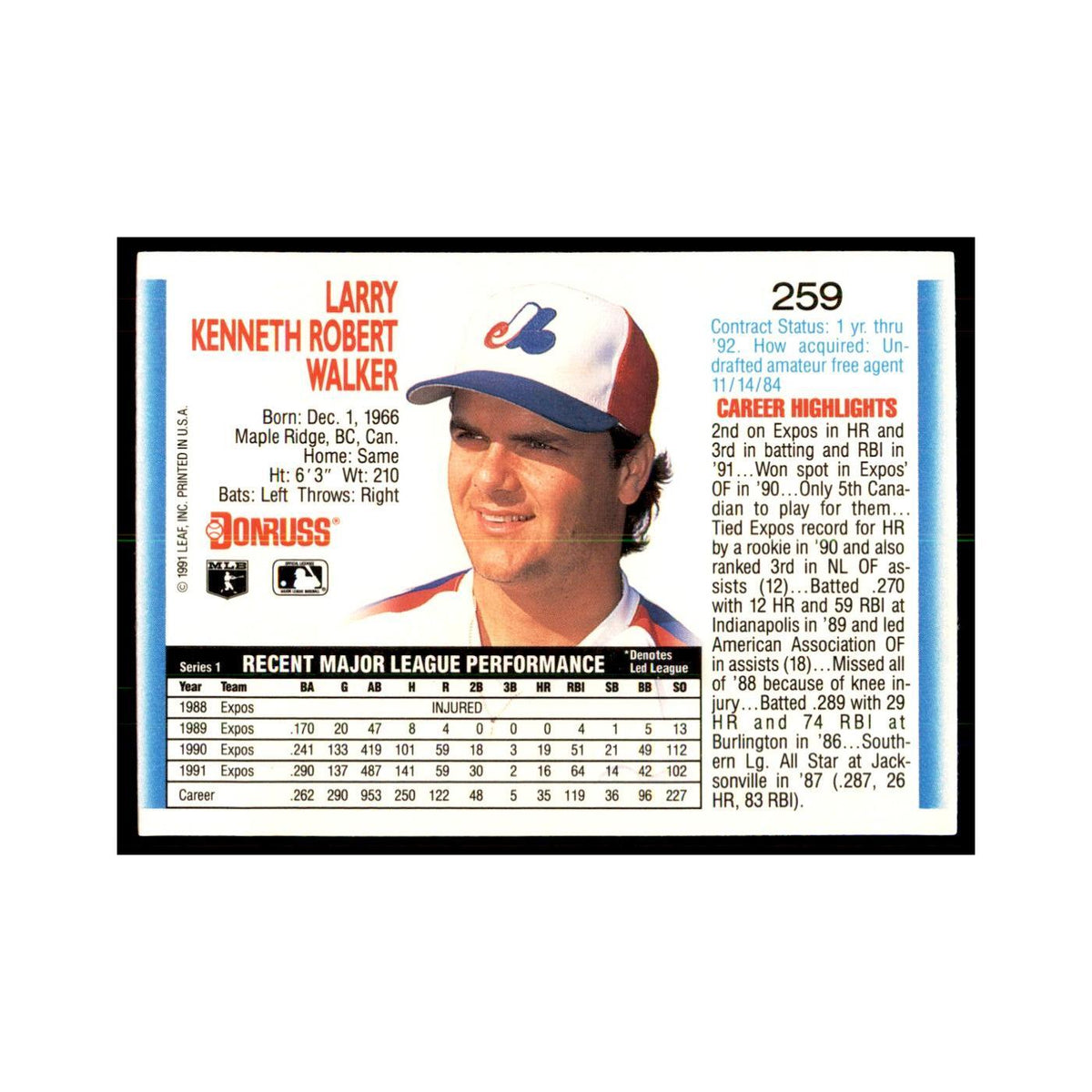 1992 Donruss Larry Walker Baseball Cards #259