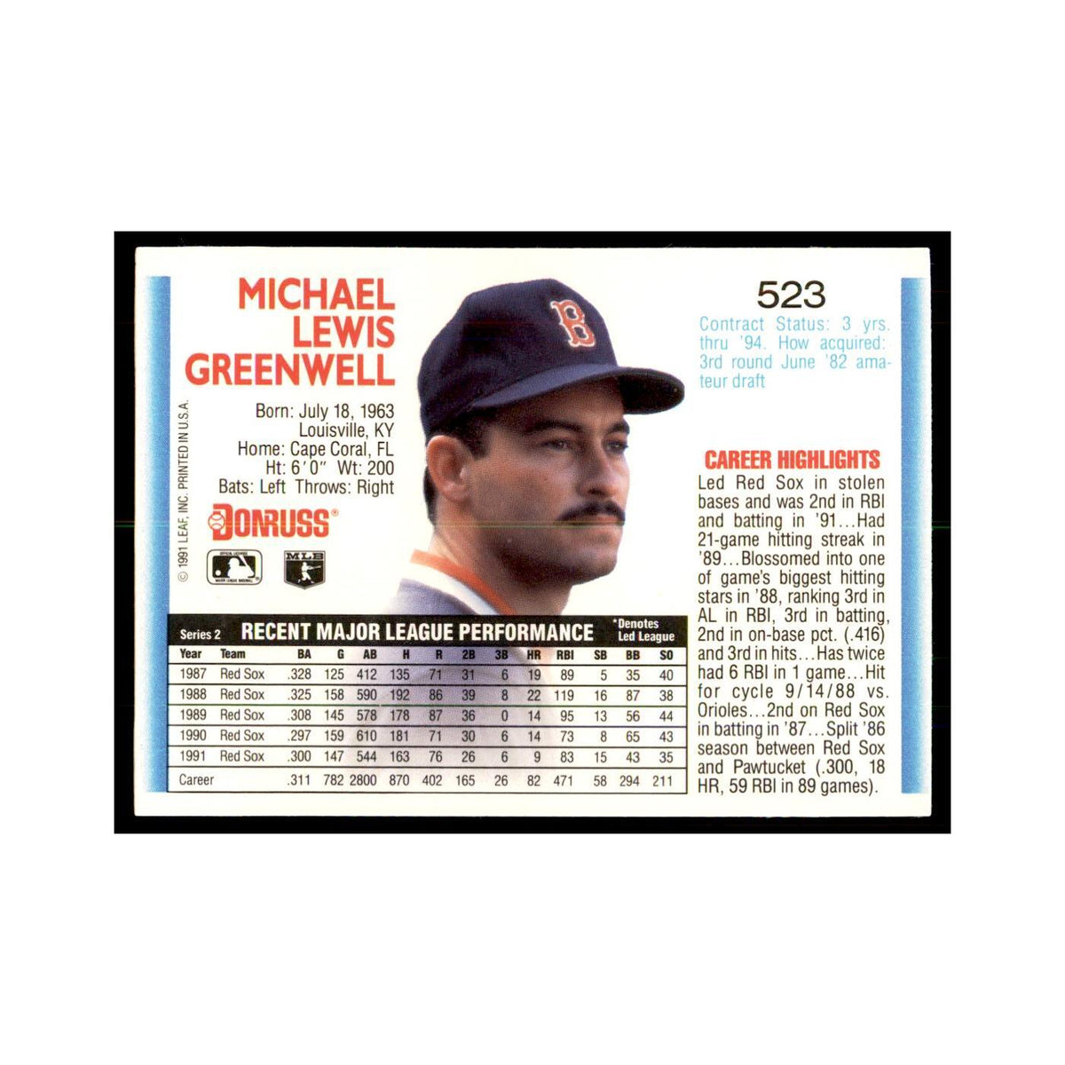 1992 Donruss Mike Greenwell Baseball Cards #523