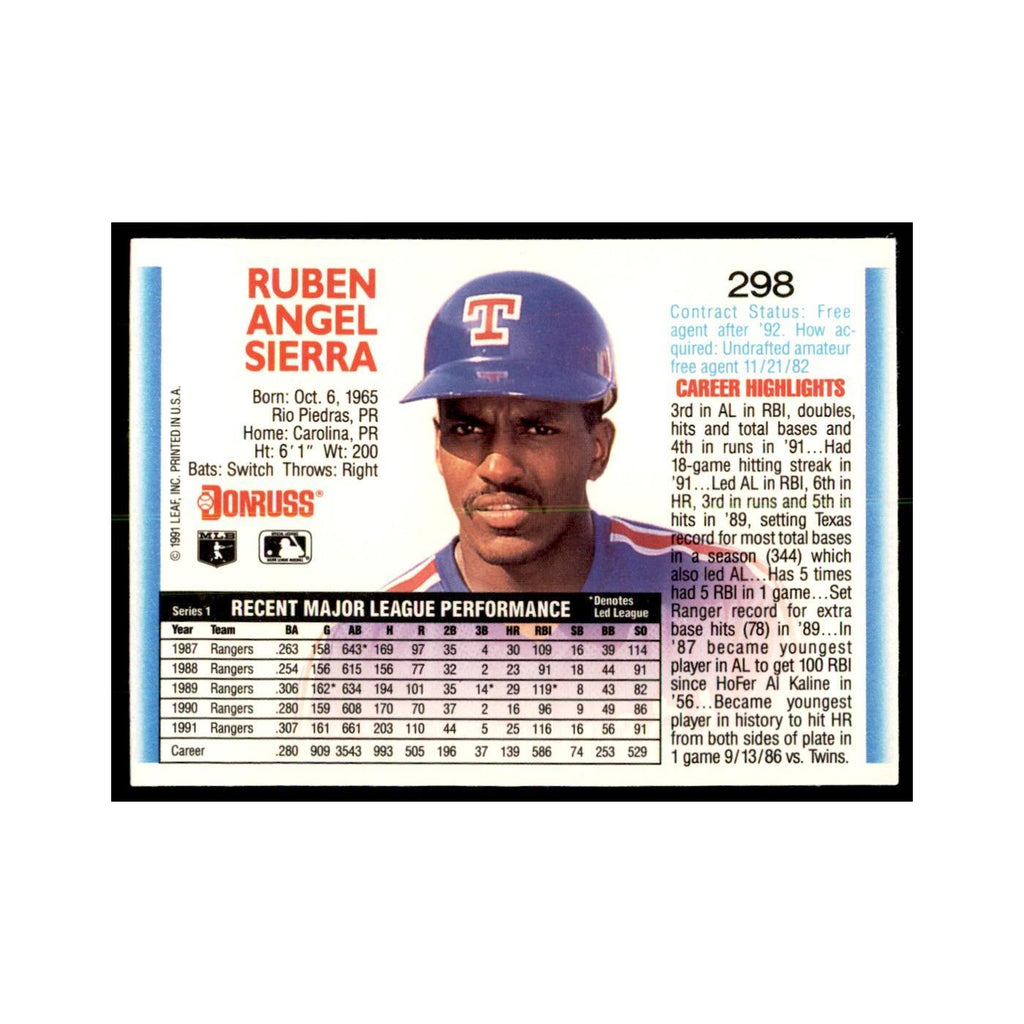 1992 Donruss Ruben Sierra Baseball Cards #298