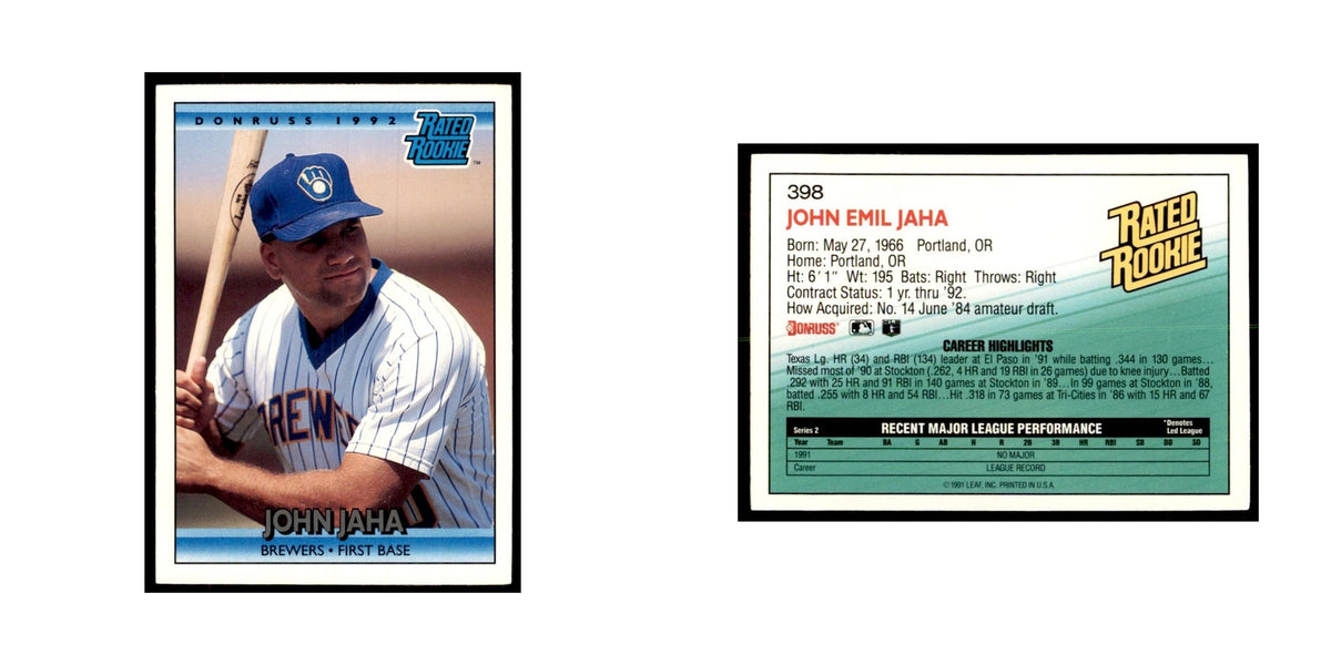1992 Donruss John Jaha Baseball Cards #398