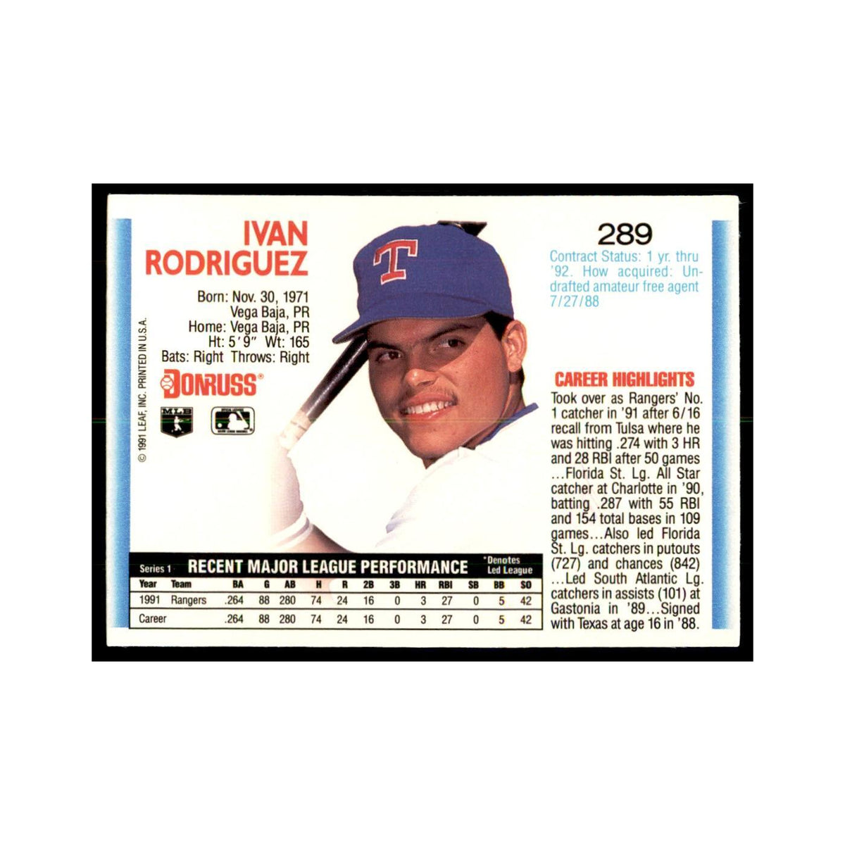 1992 Donruss Ivan Rodriguez Baseball Cards #289
