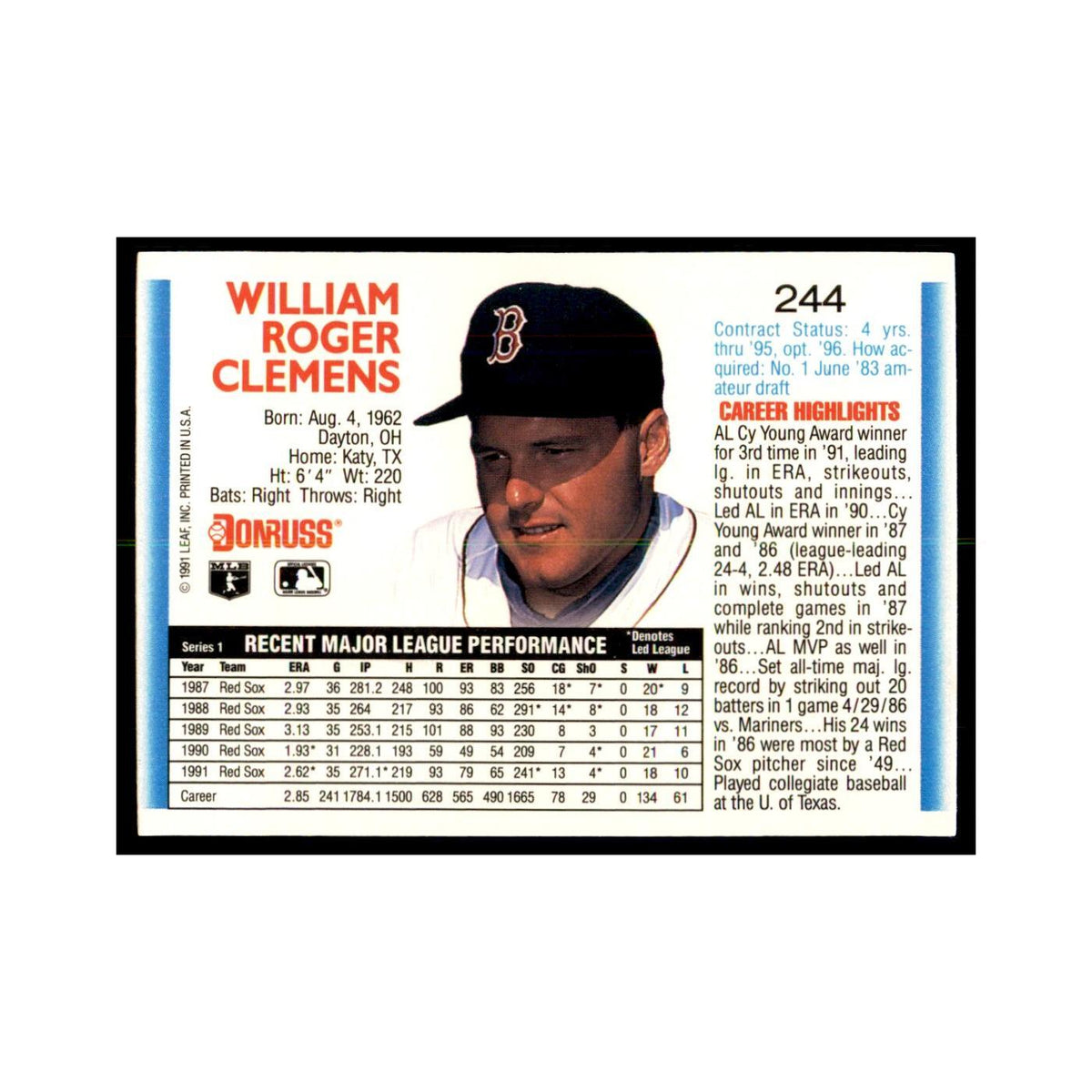1992 Donruss Roger Clemens Baseball Cards #244