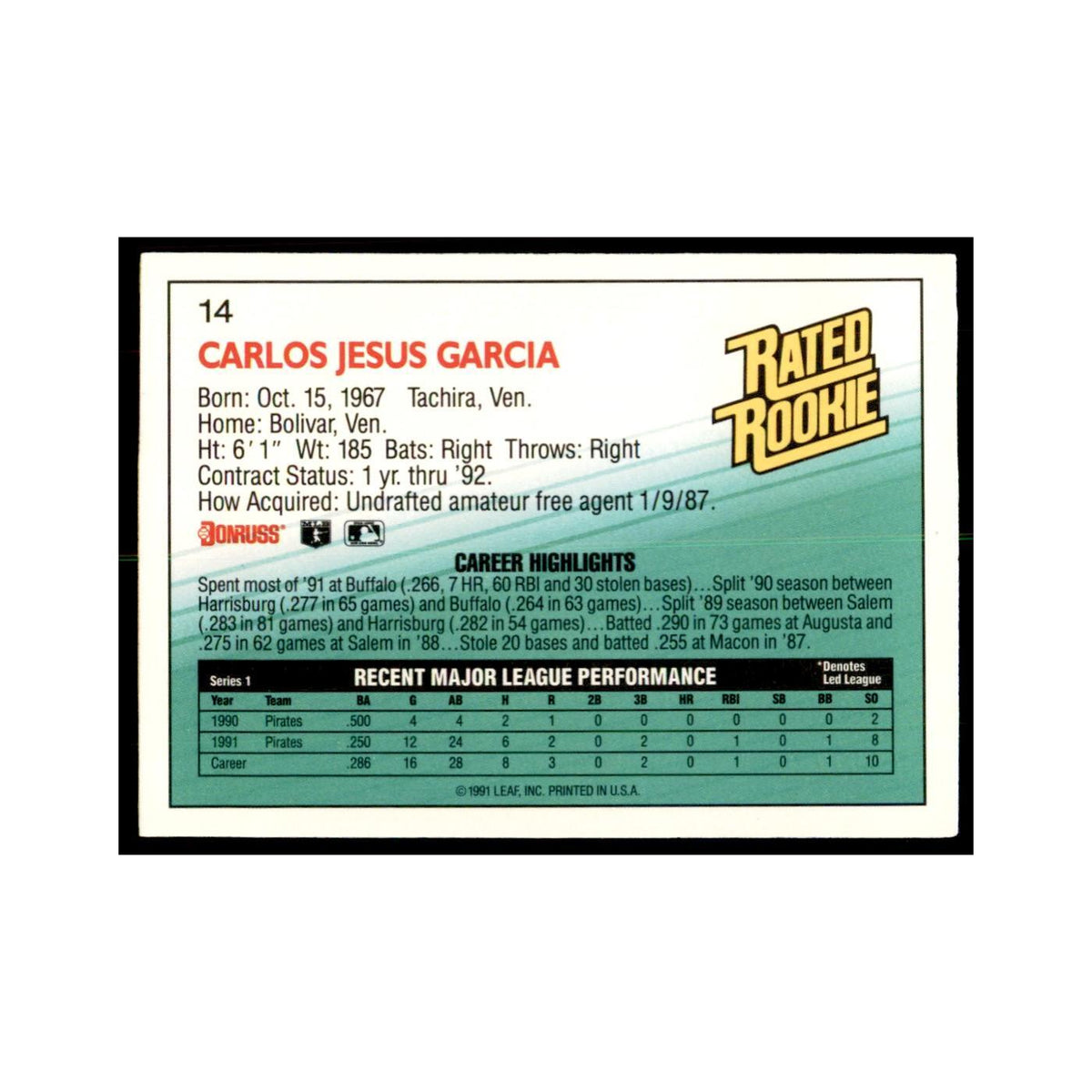 1992 Donruss Carlos Garcia Baseball Cards #14