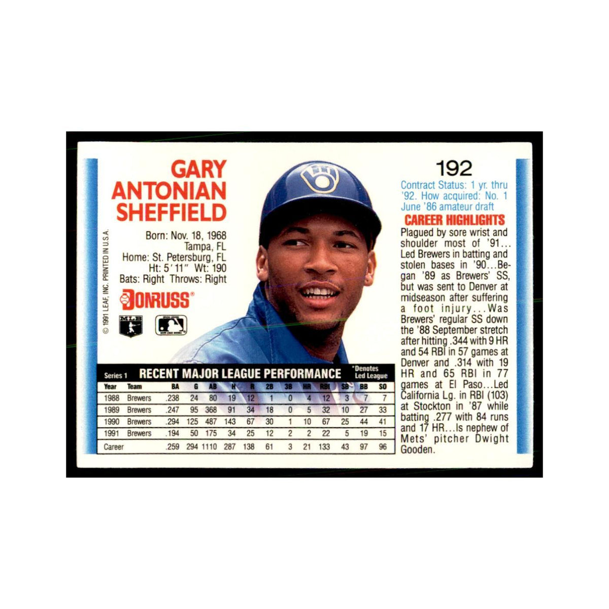 1992 Donruss Gary Sheffield Baseball Cards #192