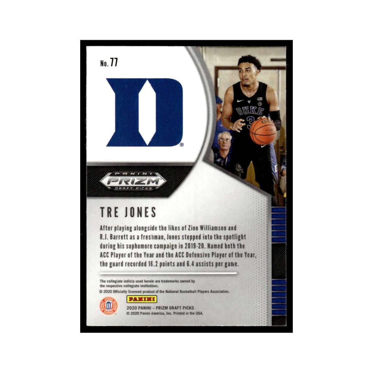 Tre Jones Rookie 2020 Panini Prizm Draft Picks #77 Duke Blue Devils NM