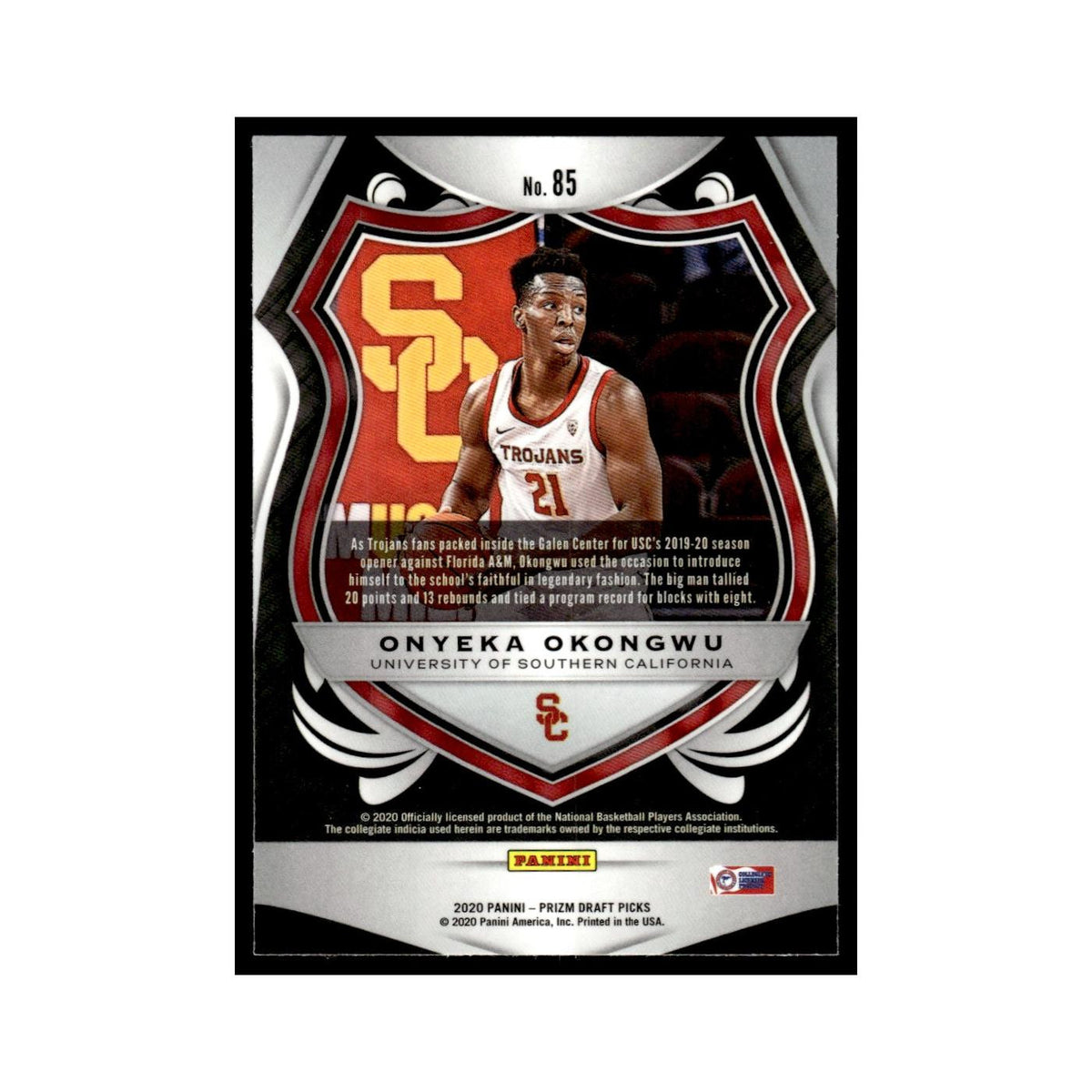 Onyeka Okongwu Rookie 2020 Panini Prizm Draft Picks #85 USC Trojans NM