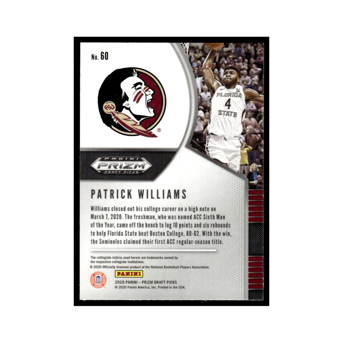 Patrick Williams Rookie 2020 Panini Prizm Draft Picks #60 NM