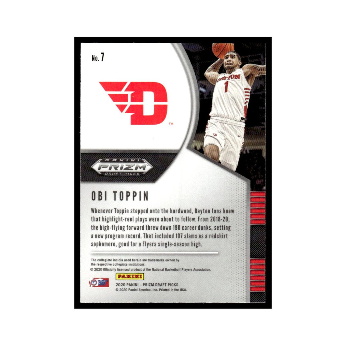 Obi Toppin Rookie 2020 Panini Prizm Draft Picks #7 Dayton Flyers NM