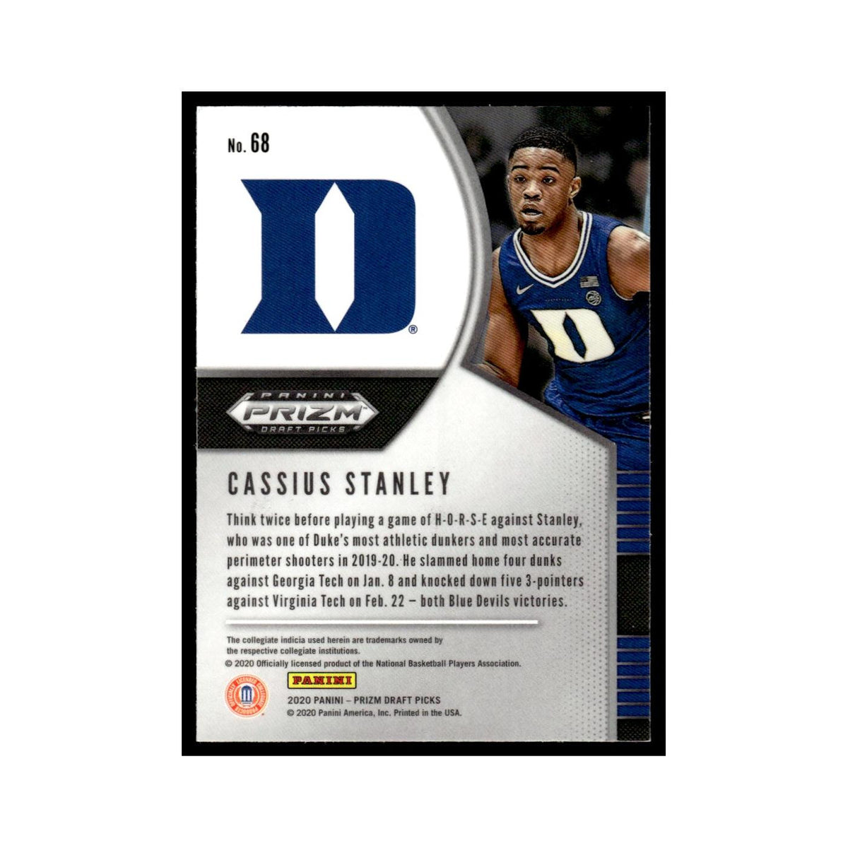 Cassius Stanley Rookie 2020 Panini Prizm Draft Picks #68 Duke Blue Devils NM
