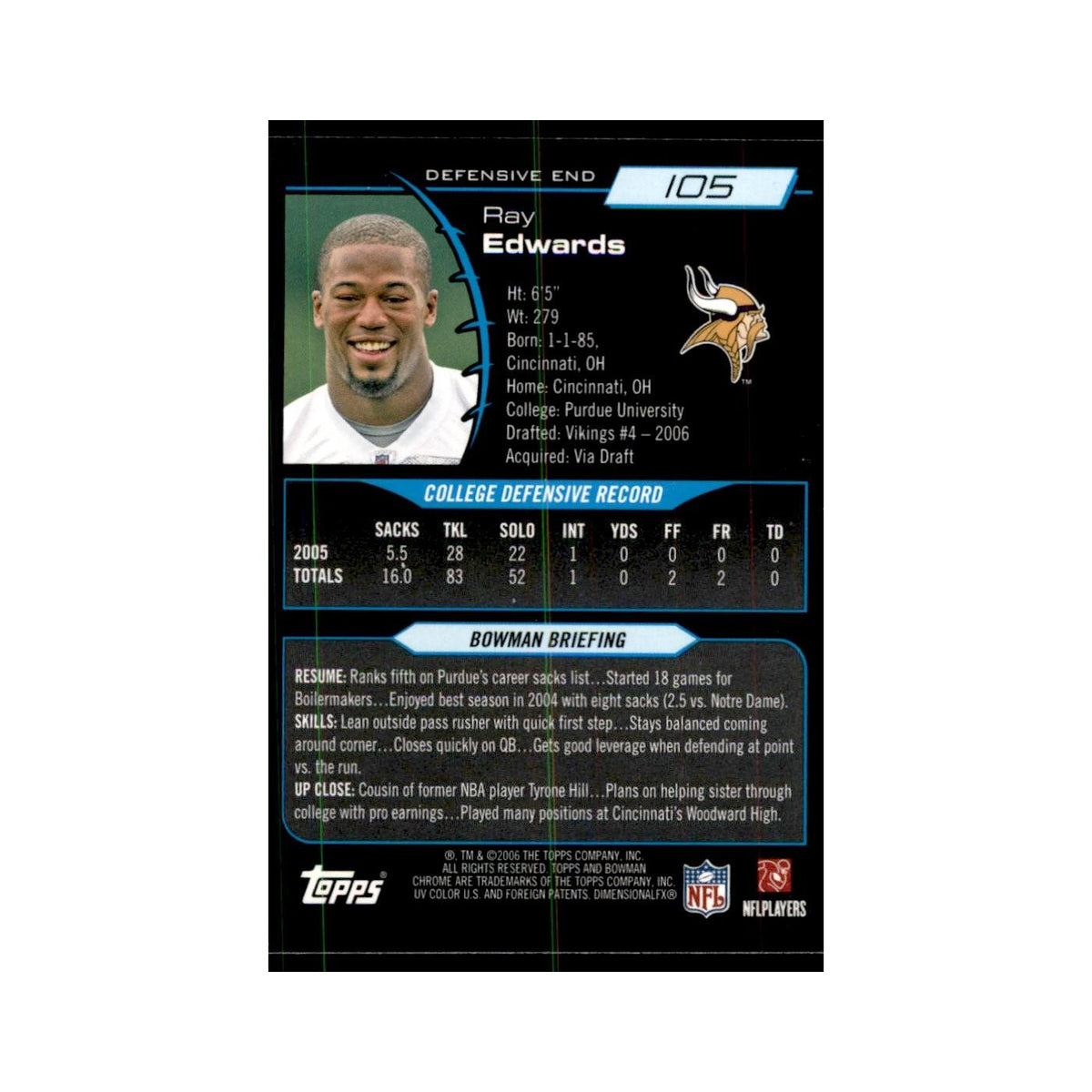 2006 Bowman Chrome Ray Edwards RC Football Cards #105