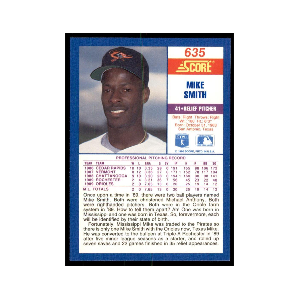 1990 Score Mike Smith RC Baseball Cards #635