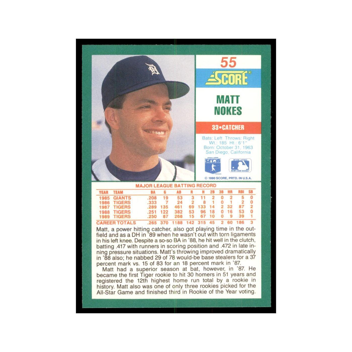1990 Score Matt Nokes Baseball Cards #55