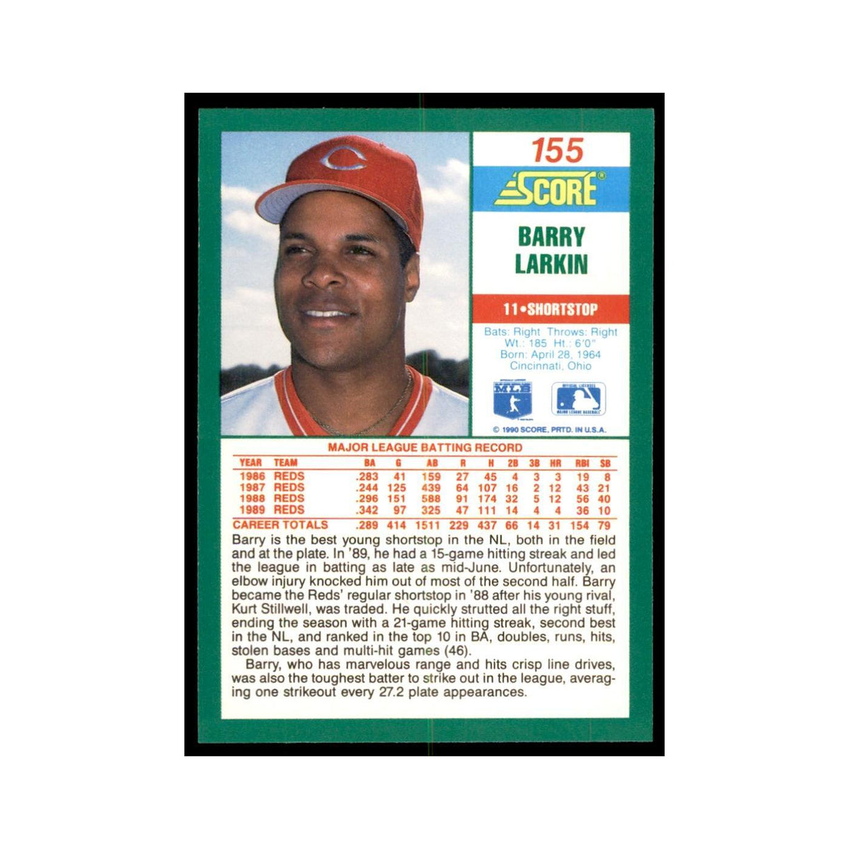 1990 Score Barry Larkin Baseball Cards #155