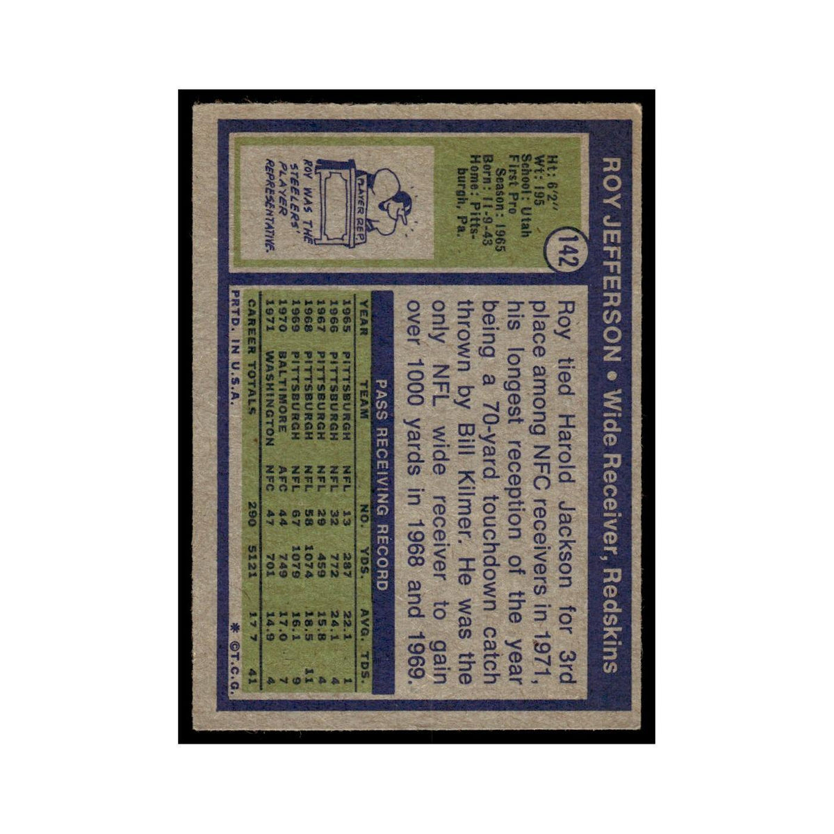 Roy Jefferson 1972 Topps (Damaged) #142 Washington Redskins Football Card Poor