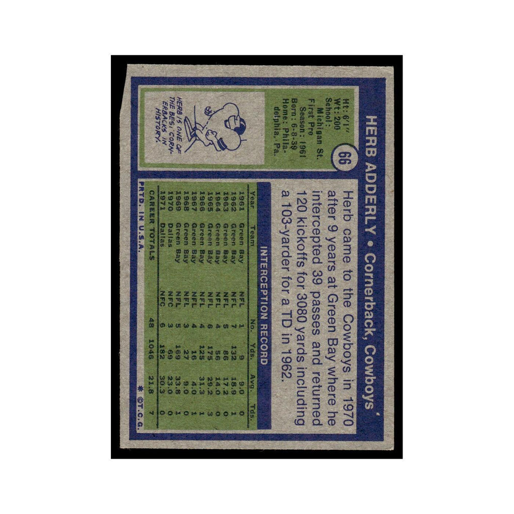 Herb Adderly 1972 Topps (Damaged) #66 Dallas Cowboys Football Card Poor
