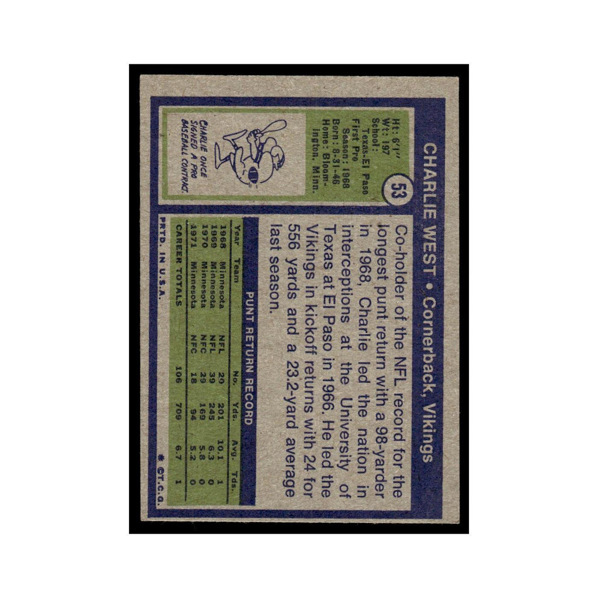 Charlie West 1972 Topps (Damaged) #53 Minnesota Vikings Football Card Poor