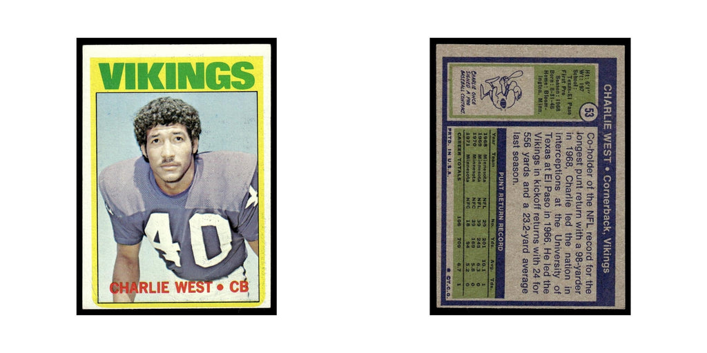 Charlie West 1972 Topps (Damaged) #53 Minnesota Vikings Football Card Poor