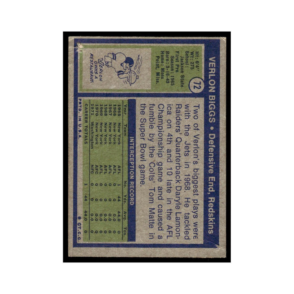 Verlon Biggs 1972 Topps (Damaged) #72 Washington Redskins Football Card Poor