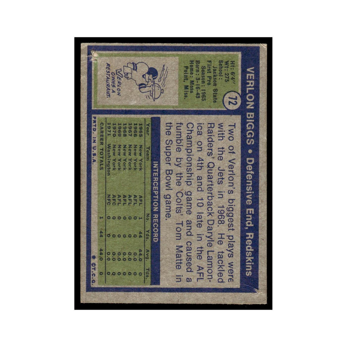 Verlon Biggs 1972 Topps (Damaged) #72 Washington Redskins Football Card Poor