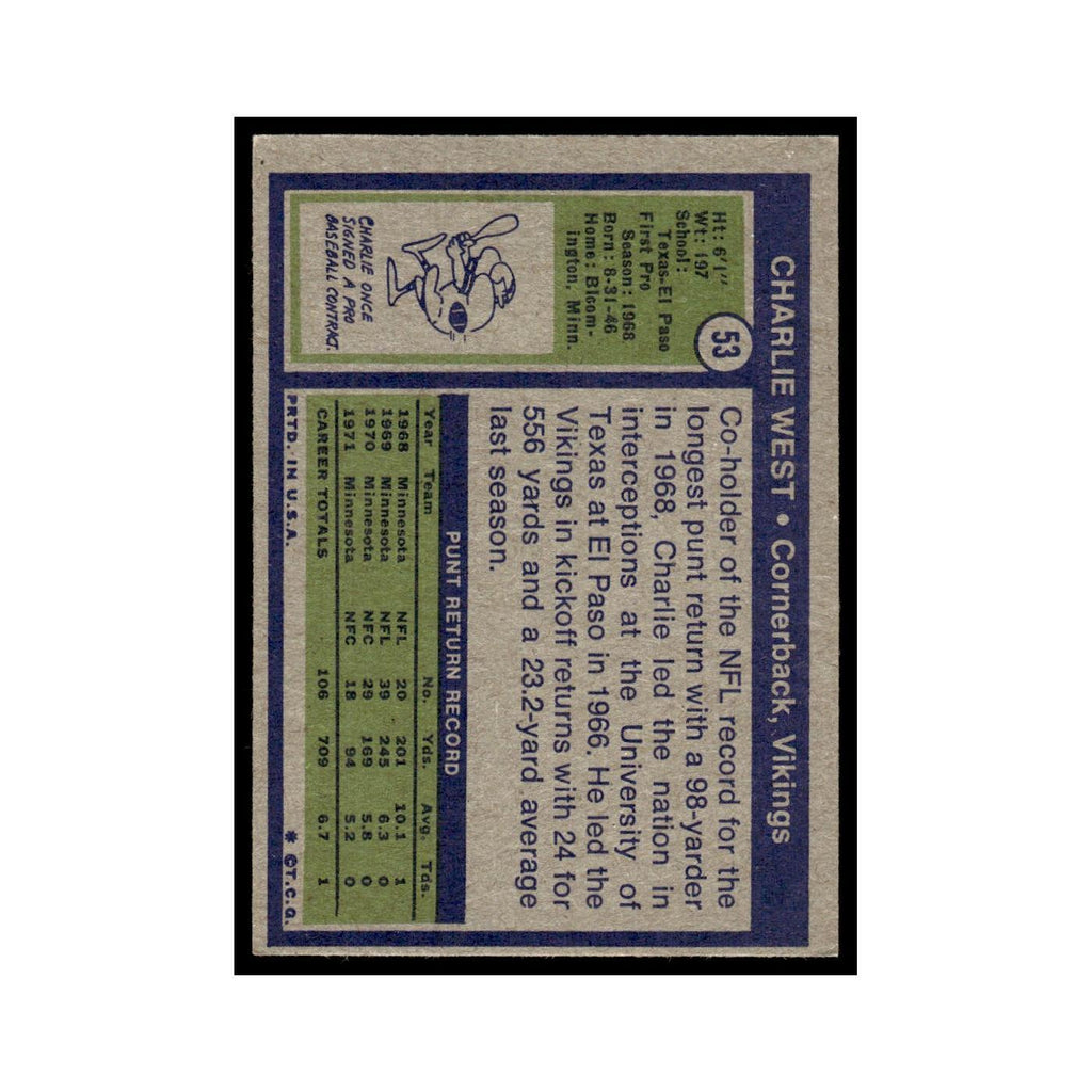 Charlie West 1972 Topps (Damaged) #53 Minnesota Vikings Football Card Poor