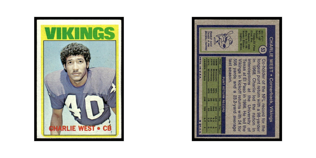 Charlie West 1972 Topps (Damaged) #53 Minnesota Vikings Football Card Poor