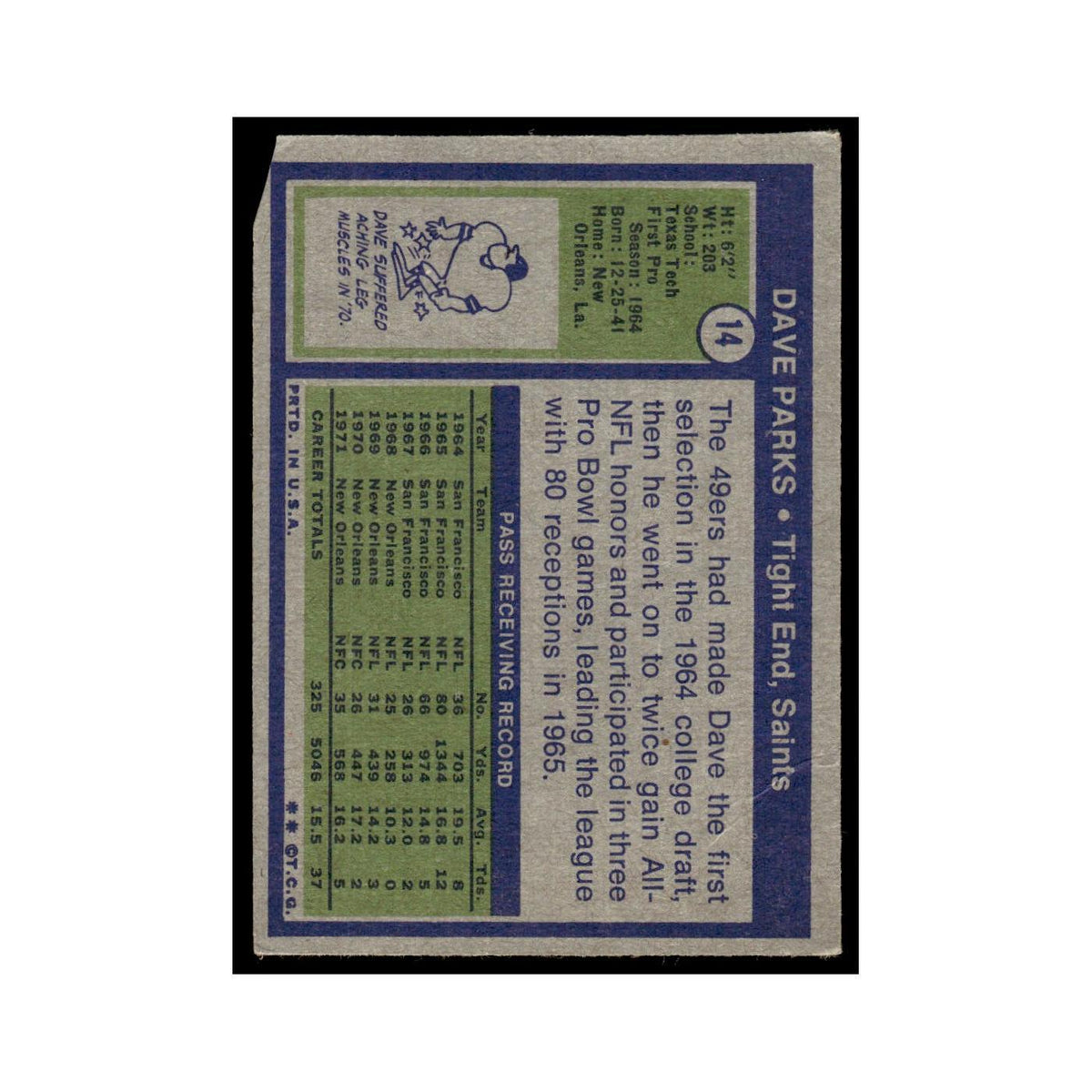 Dave Parks 1972 Topps (Damaged) #14 New Orleans Saints Football Card Poor