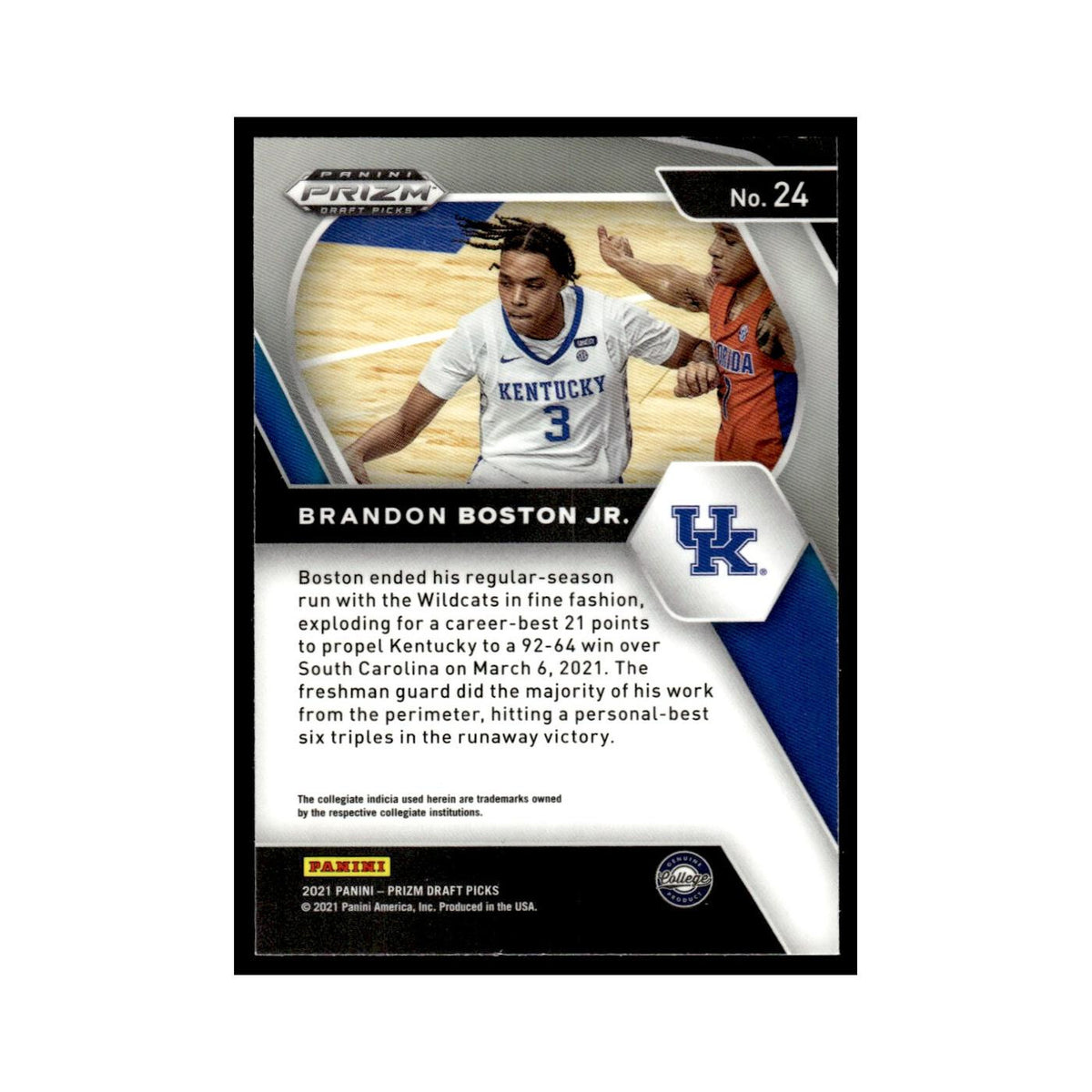Brandon Boston Jr. 2021 Panini Prizm Draft Picks #24 Kentucky Wildcats NM