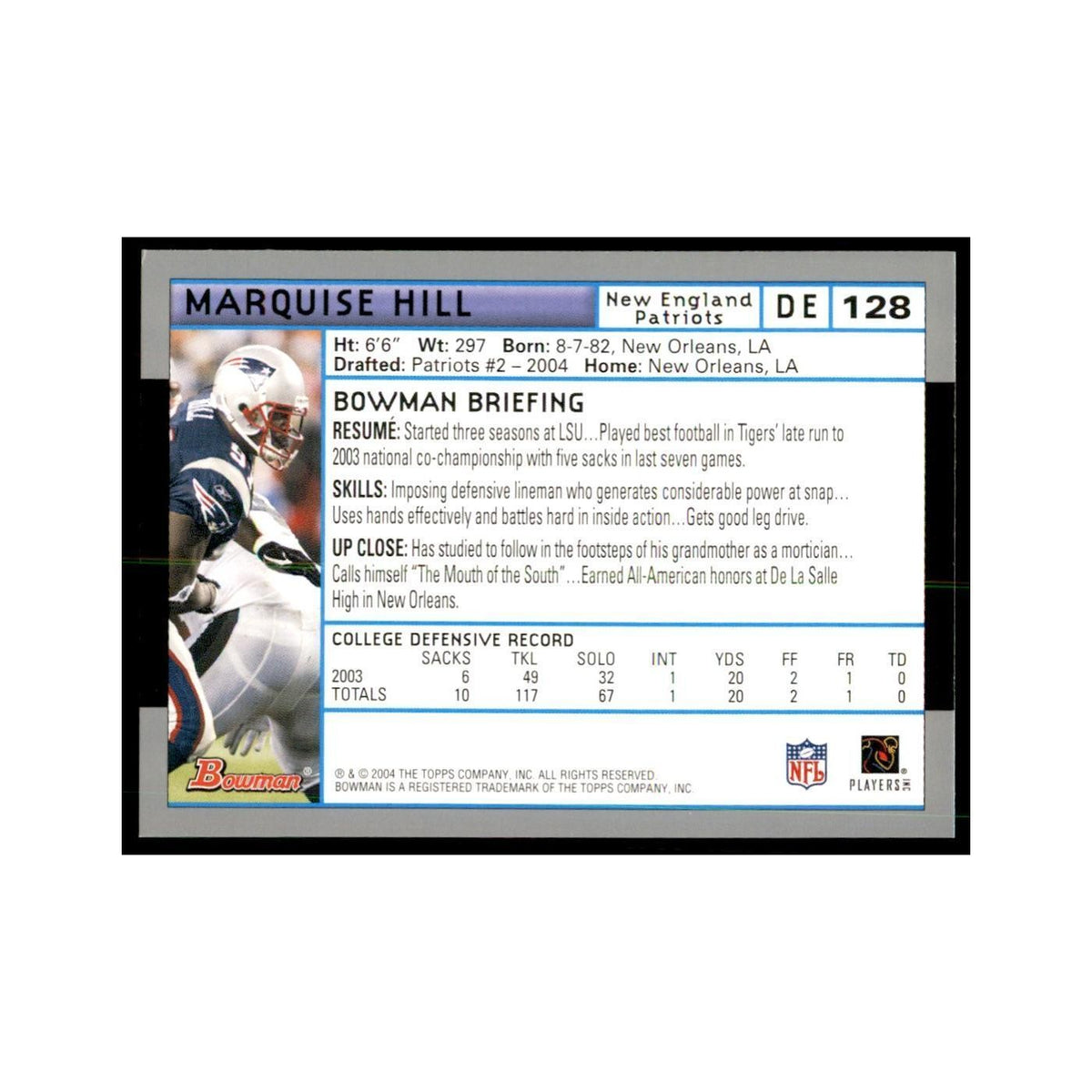 2004 Bowman Marquise Hill RC Football Cards #128