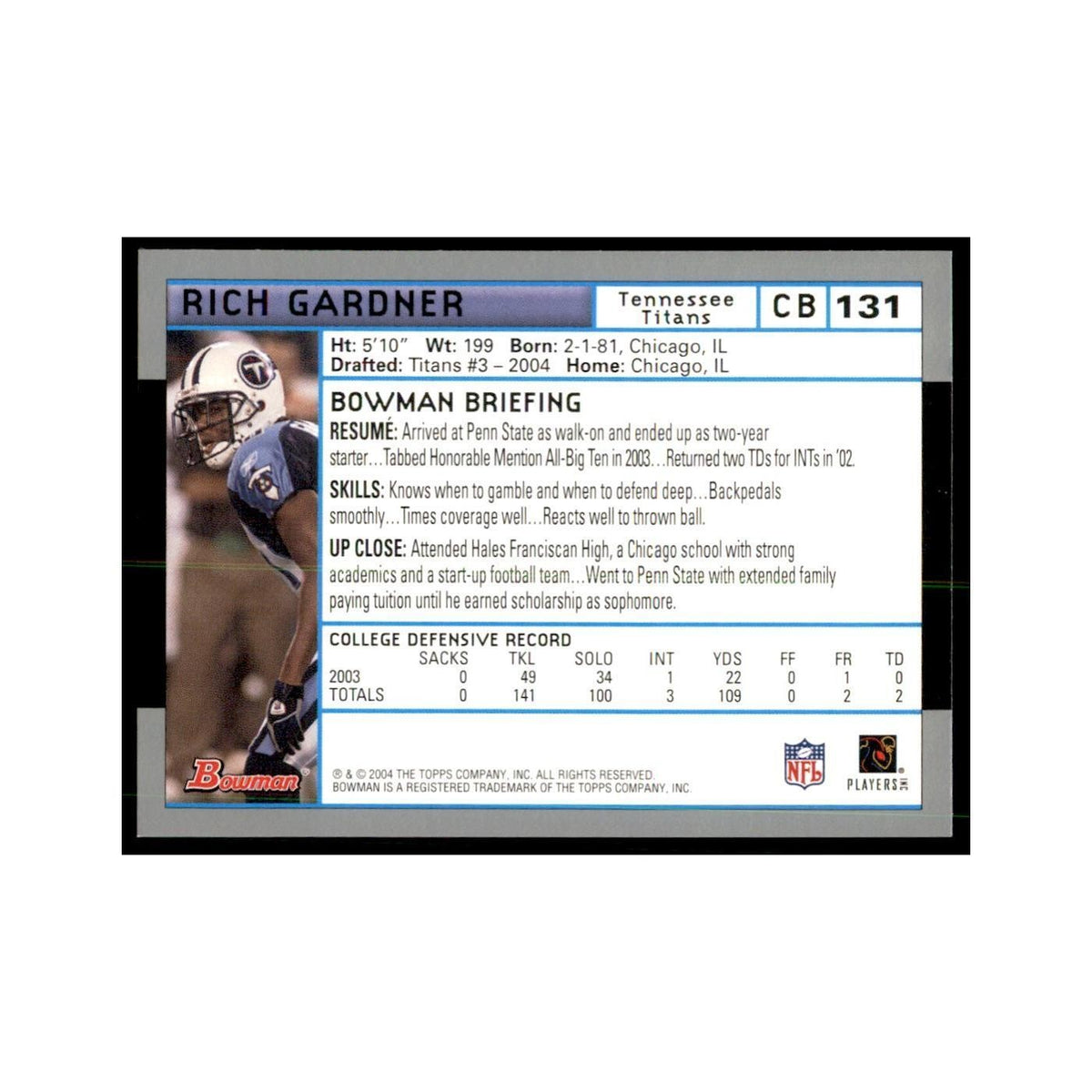 2004 Bowman Rich Gardner RC Football Cards #131