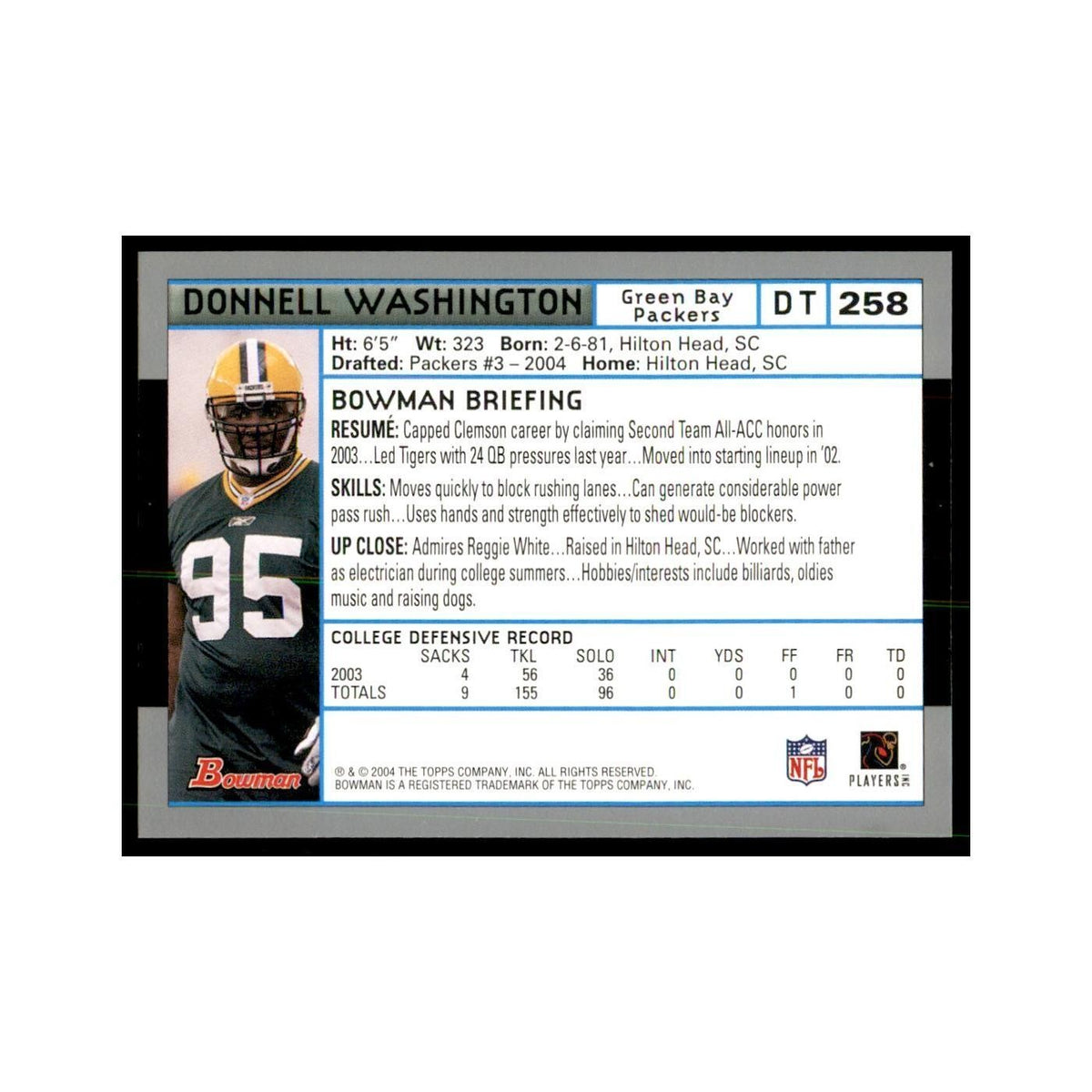 2004 Bowman Donnell Washington RC Football Cards #258