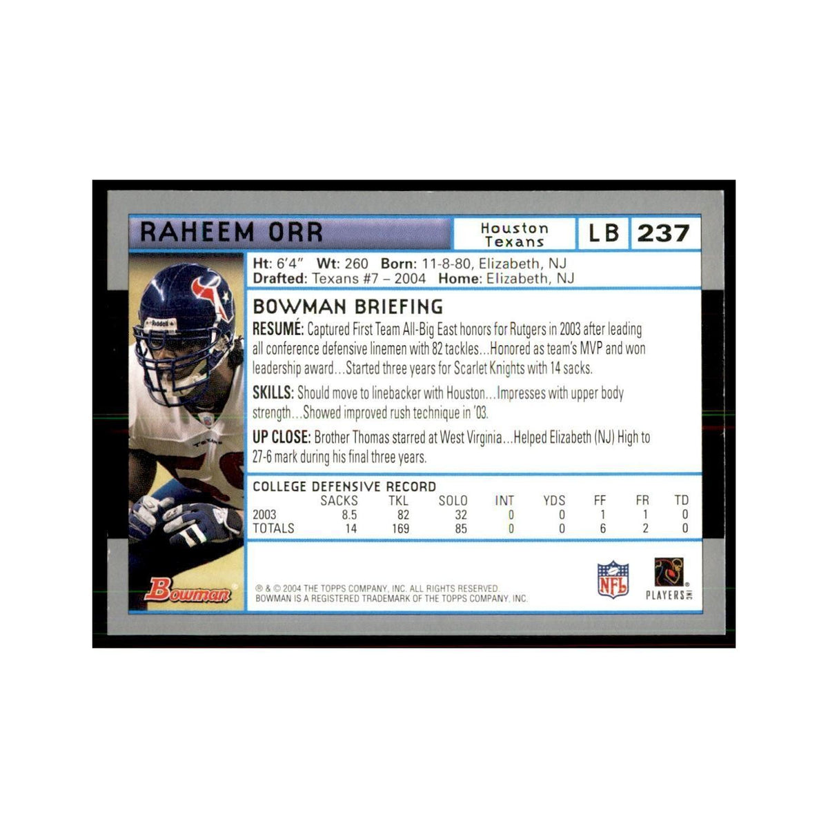 2004 Bowman Raheem Orr RC Football Cards #237
