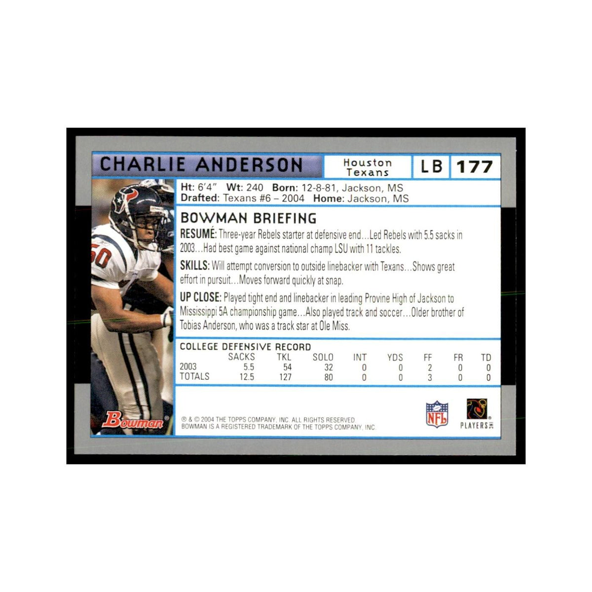 2004 Bowman Charlie Anderson RC Football Cards #177