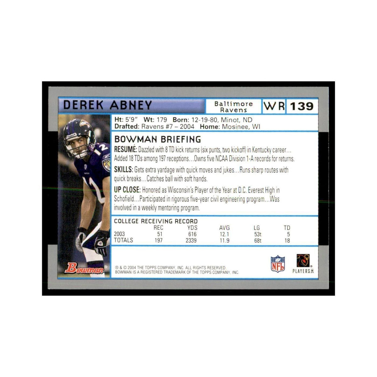 2004 Bowman Derek Abney RC Football Cards #139