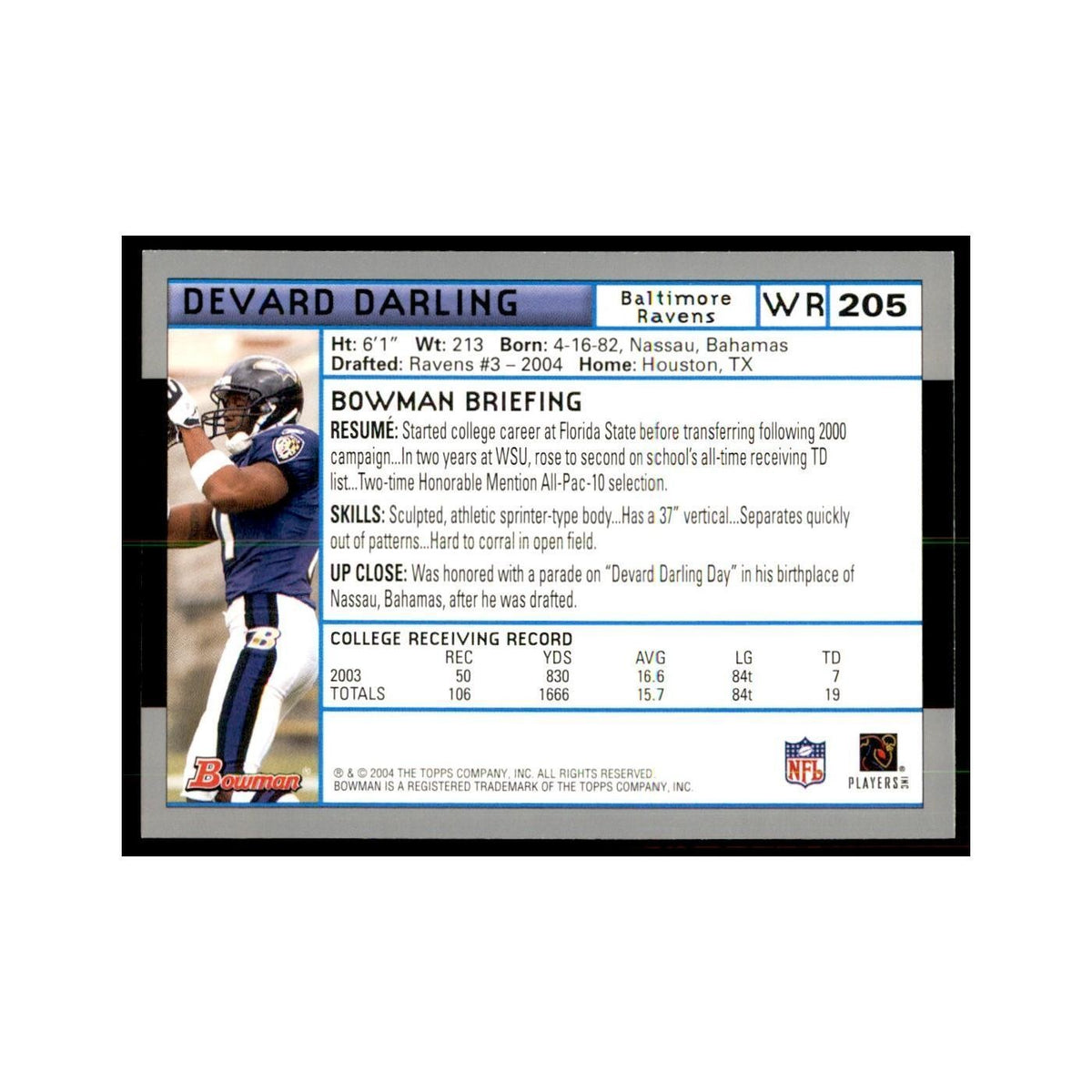 2004 Bowman Devard Darling RC Football Cards #205